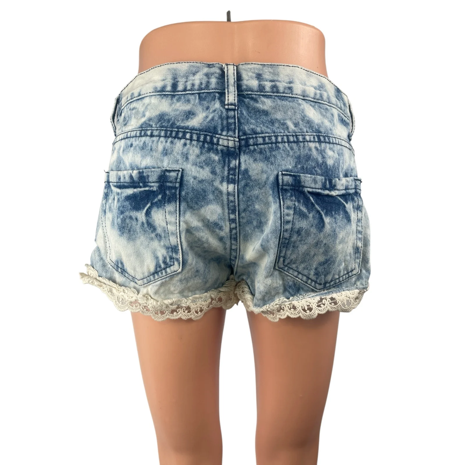 Forever 21 Blue Acid Wash Distressed Raw Hem Cut Off Denim Jeans Shorts Size 30 - Image 2