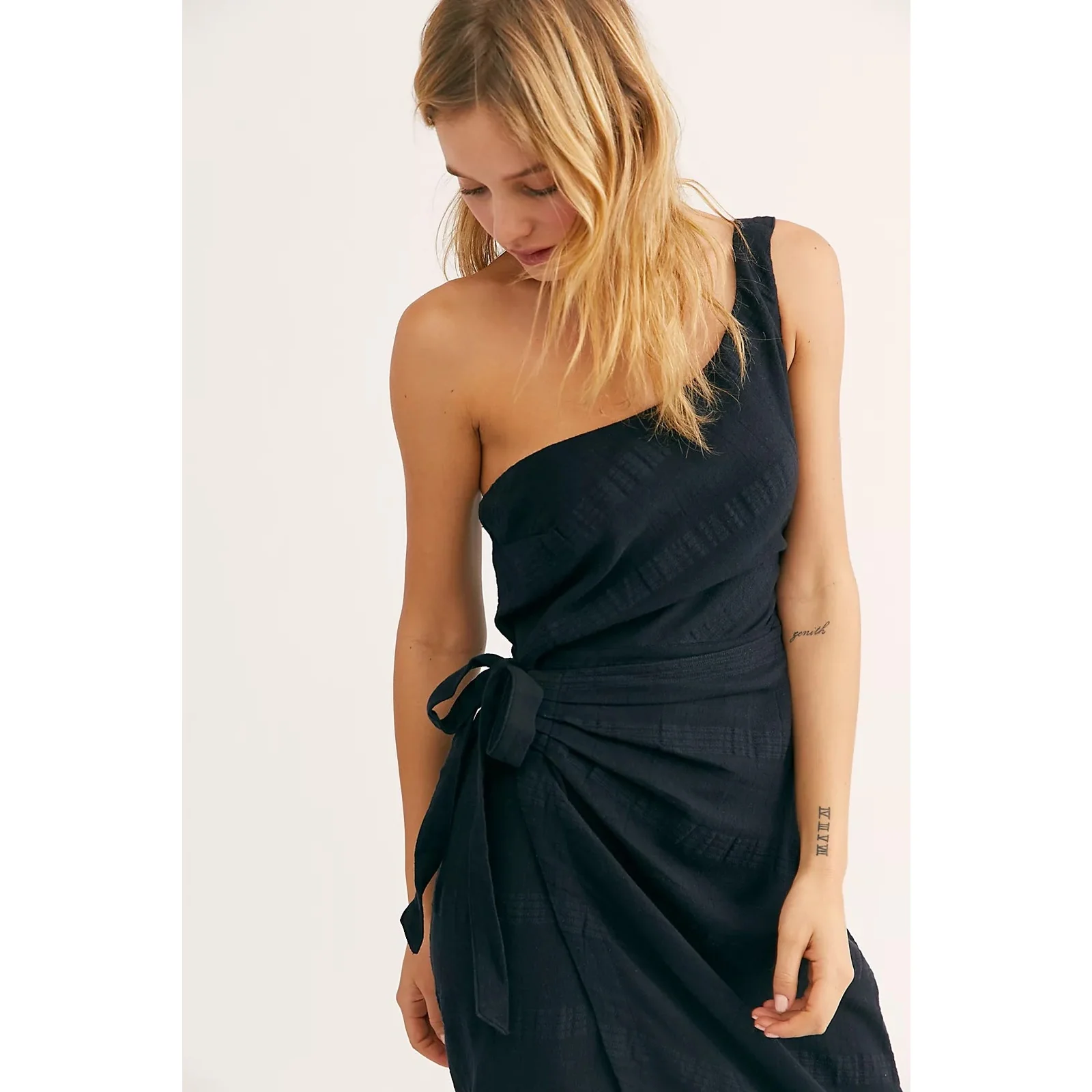Free People At Leisure Black One Shoulder Sleeveless Wrap Midi Dress Size XS - Image 4