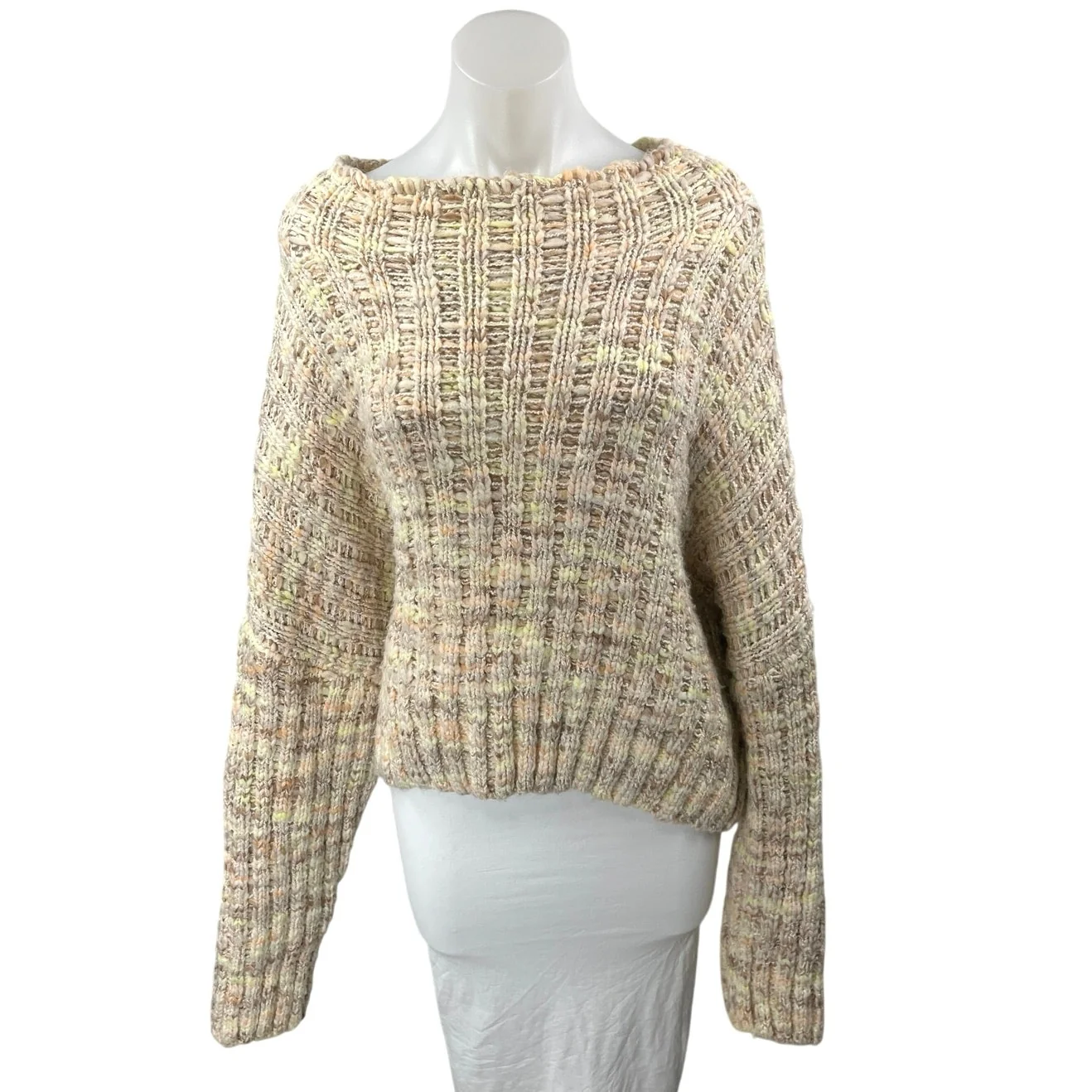 Free People Beige Knit Chunky Long Sleeve Oversized Pullover Sweater Top Size L
