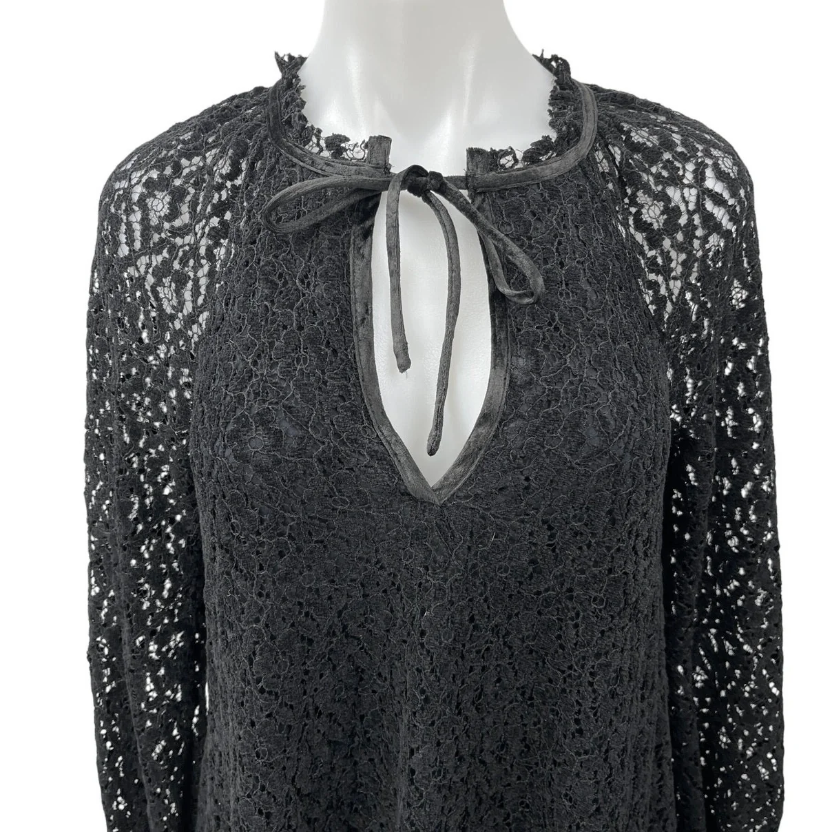 Free People Black Lace Floral Embroidery Keyhole Long Sleeve Mini Shift Dress XS - Image 3