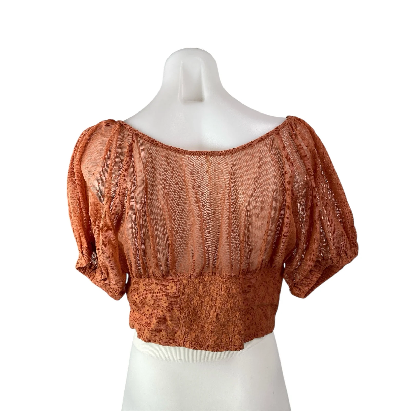 Free People Heartstrings Summer Orange Floral Puff Sleeve Crop Blouse Top Size M - Image 2