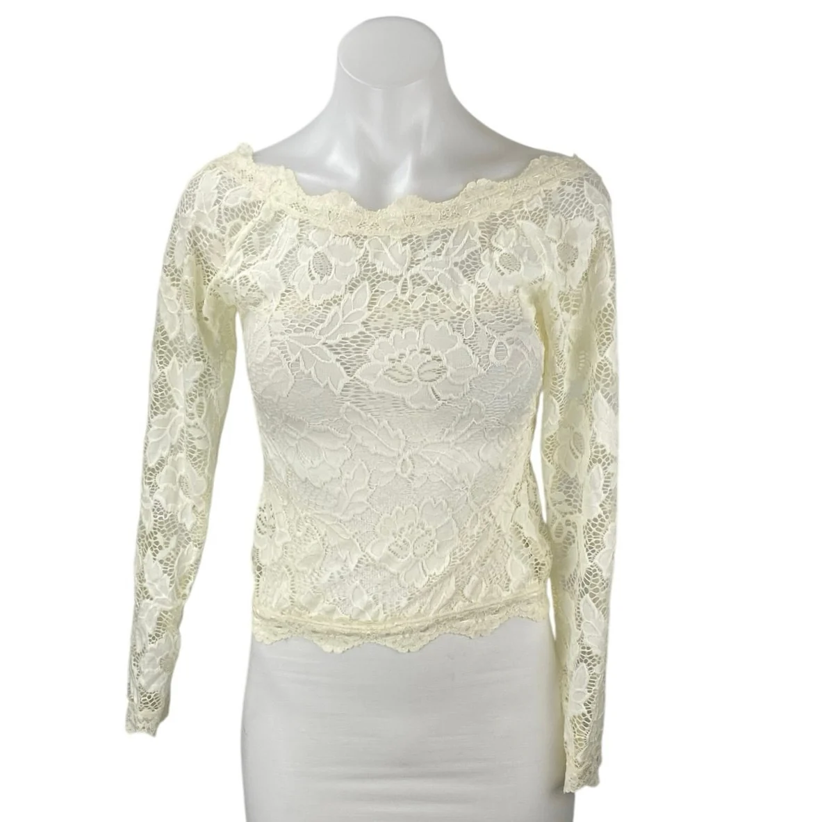 Free People Intimately Cream Long Sleeve Floral Lace Boat Neck Blouse Top Sz XS