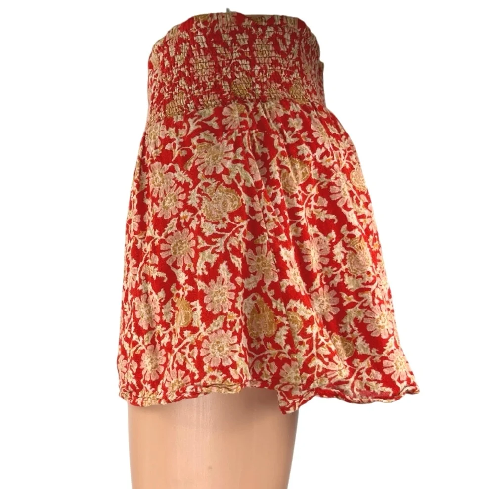 Free People Say It's So Orange Floral Smocked High Waist Flowy Mini Shorts Sz S - Image 2