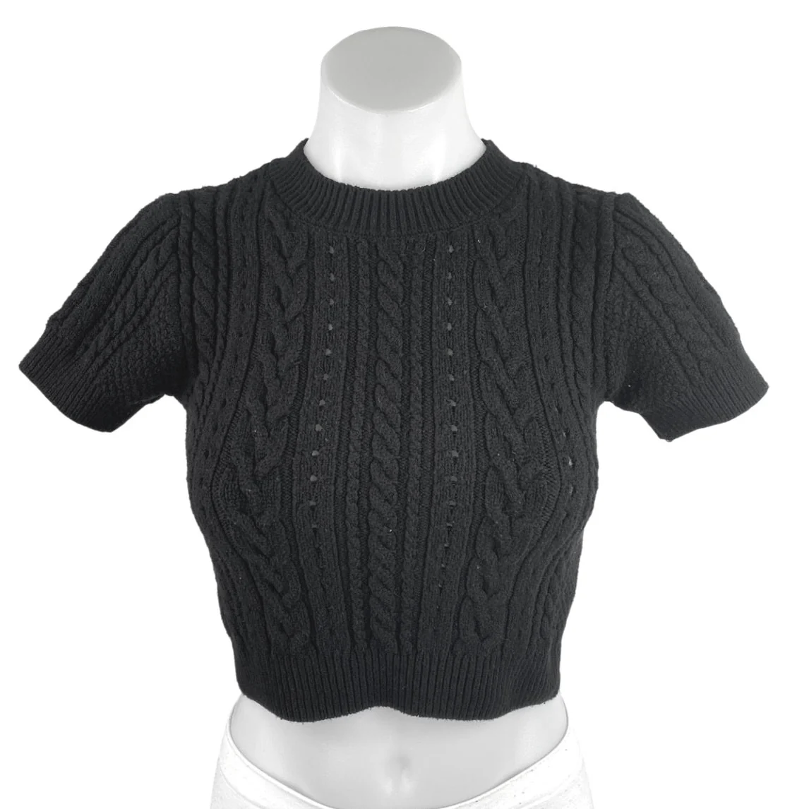 Free People Women's Black Cable Knit Short Sleeve Stretch Crop Sweater Top Sz S