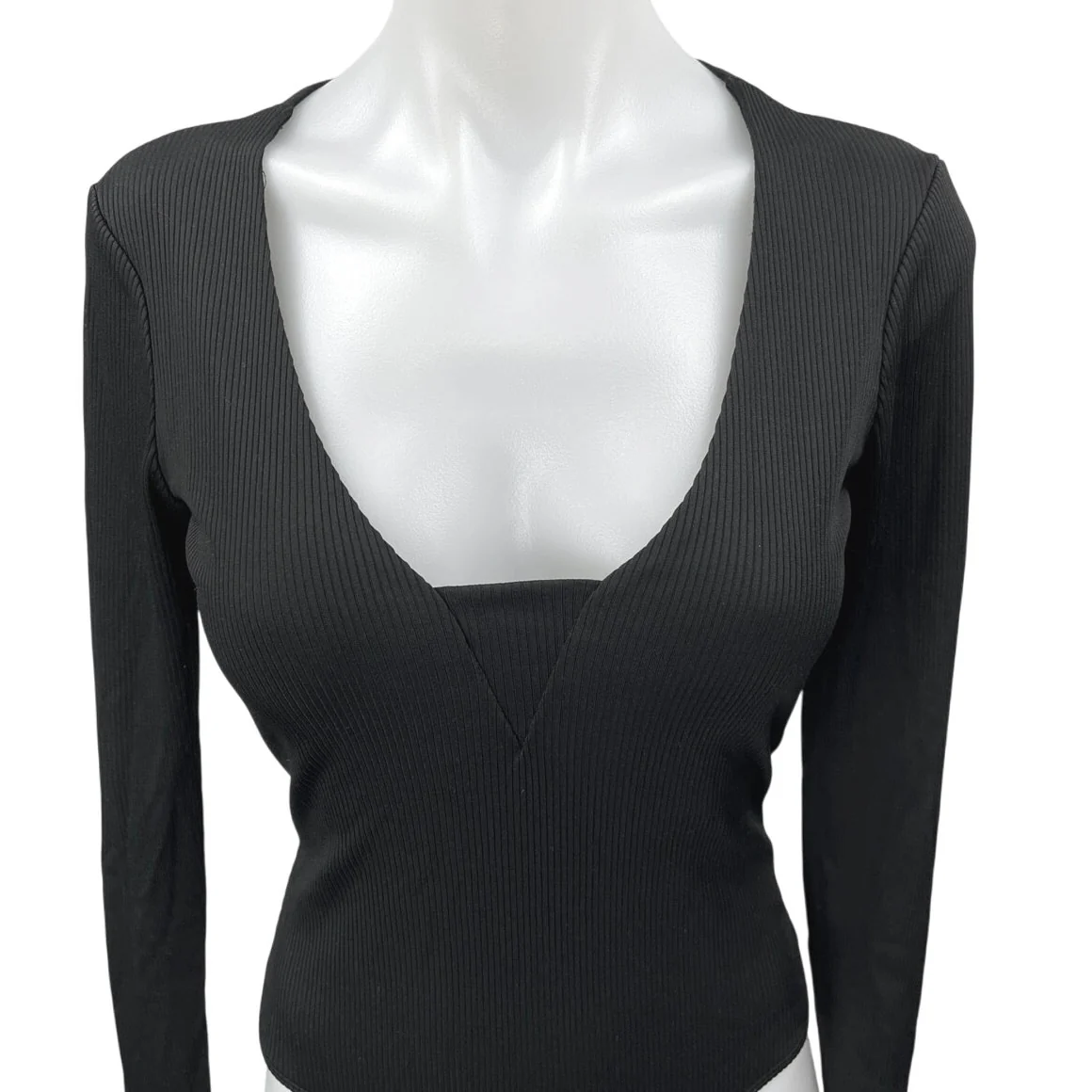 Free People Women's Black Rib Knit Scoop Neck Long Sleeve Bodysuit Top Size S - Image 3