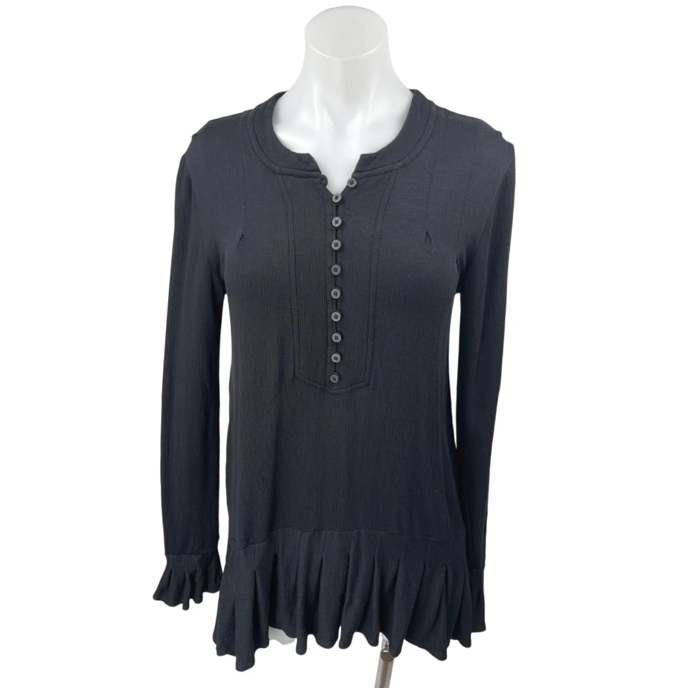 Free People Your Girl Black Long Sleeve Ruffle Henley Tunic Blouse Top Size XS