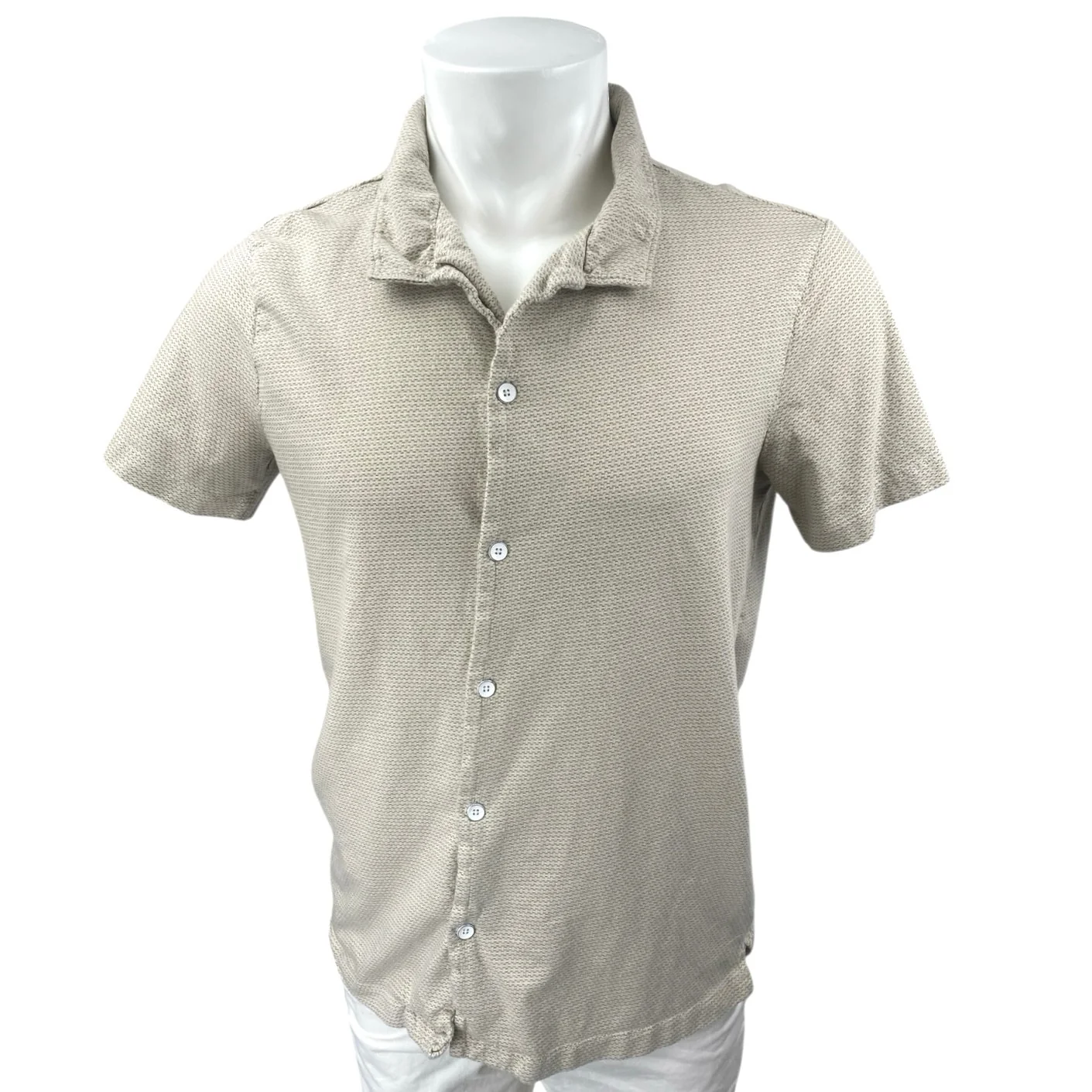 Free Planet Men's Beige Textured Knit Short Sleeve Button Up Collar Shirt Top M