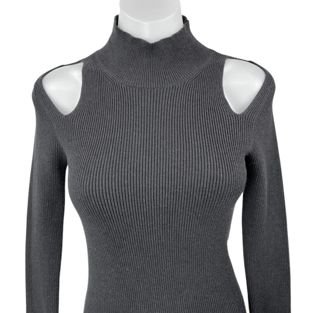 French Connection Lydia Black Rib Knit Long Sleeve Cutout Mini Sweater Dress S - Image 3