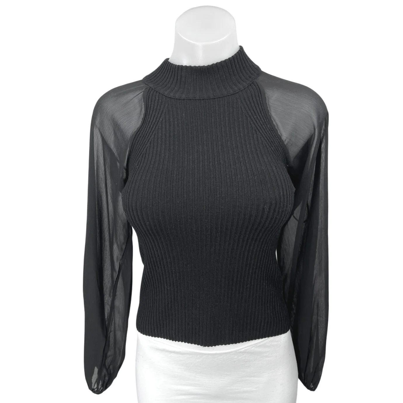 French Connection Melody Black Chiffon Long Sleeve Knit Sweater Blouse Top Sz XS