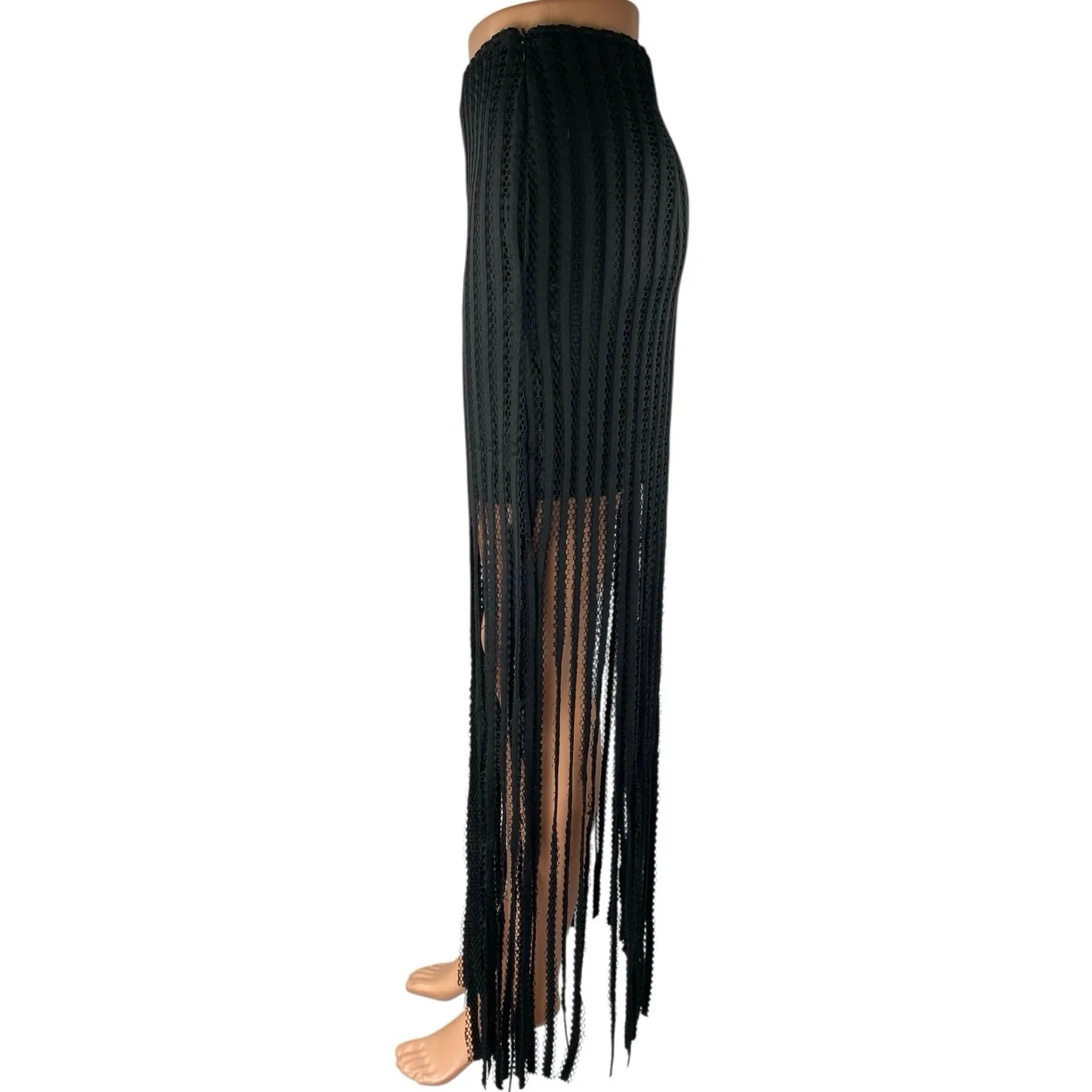 Ft Inc Black Ribbed Knit Fringe Trim Boho Maxi Straight Pencil A-Line Skirt Sz M - Image 2