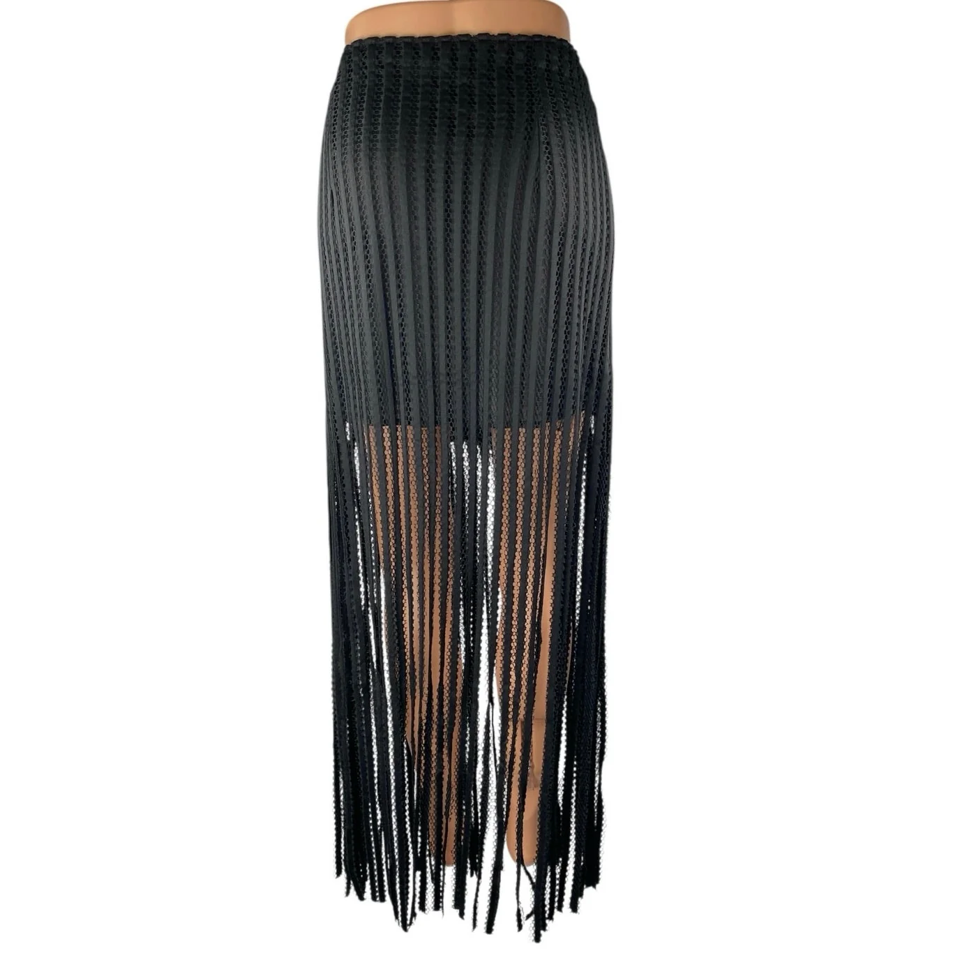 Ft Inc Black Ribbed Knit Fringe Trim Boho Maxi Straight Pencil A-Line Skirt Sz M - Image 3