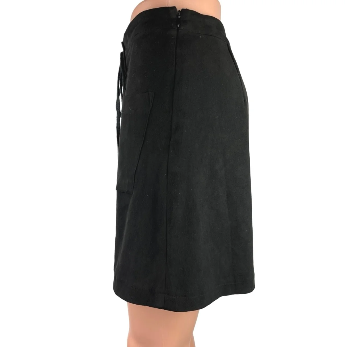Gab & Kate Women Black Suede Front Lace Up Zipper Stretch A-Line Mini Skirt Sz S - Image 2