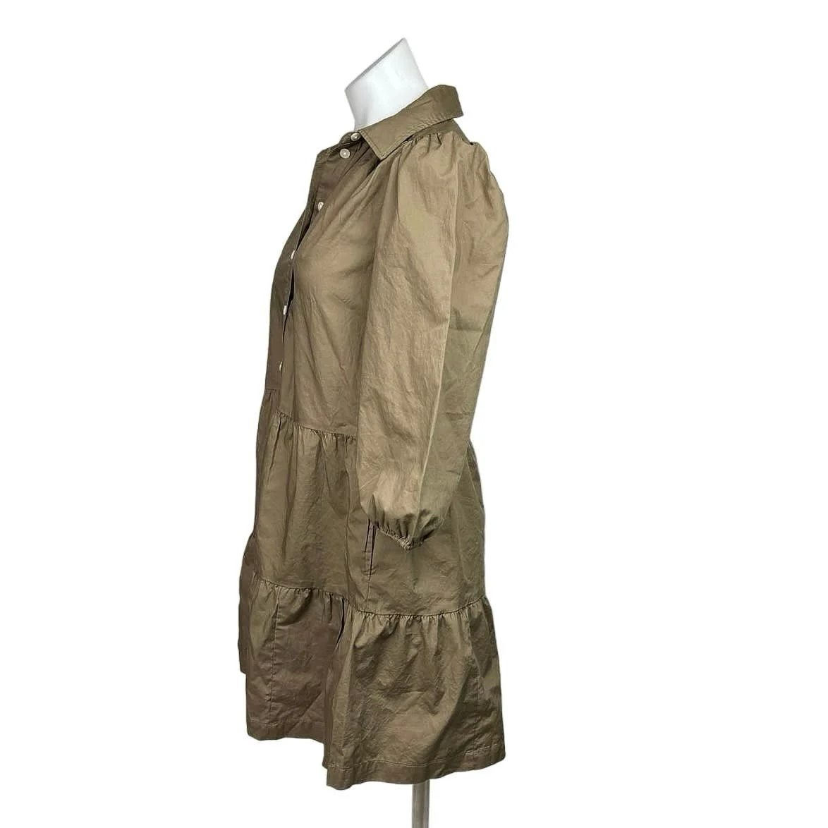 Gap NWT $80 Khaki Tiered Puff Sleeve Button Front Mini Babydoll Shirt Dress XSP - Image 2