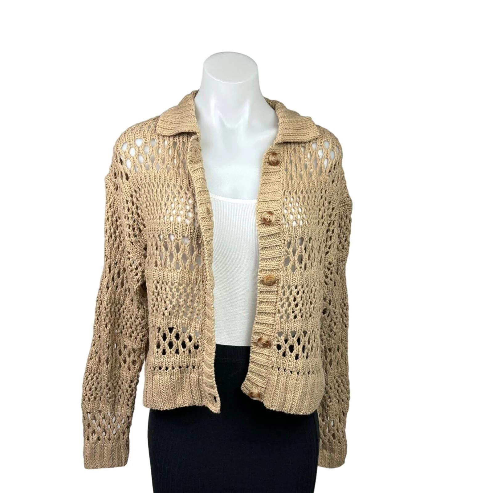 Gilli Taupe Brown Collared Button Down Crochet Open Knit Cardigan Sweater Size S - Image 2