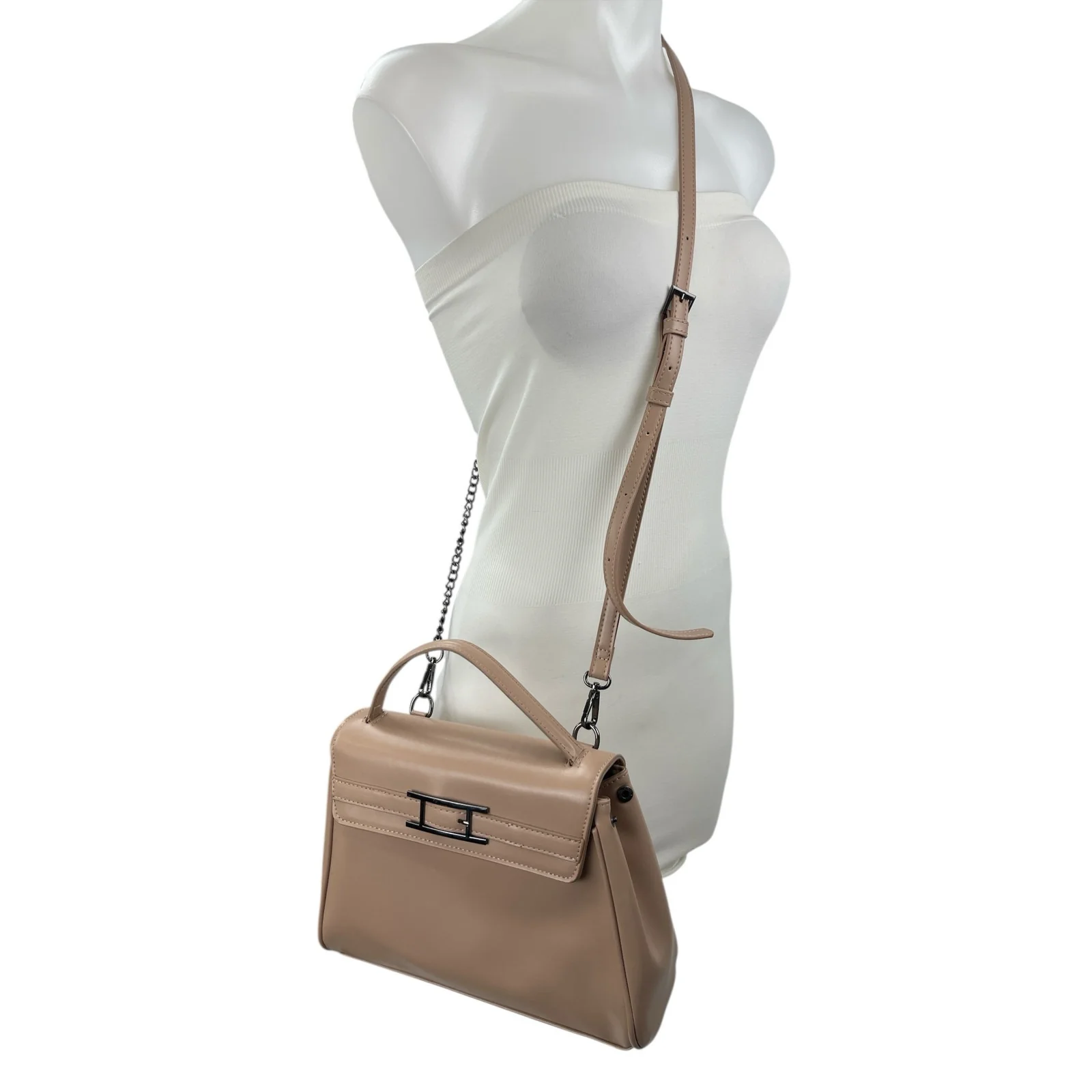 H by Halston Women's Beige Faux Leather Vegan Crossbody Satchel Handbag OS - Image 2