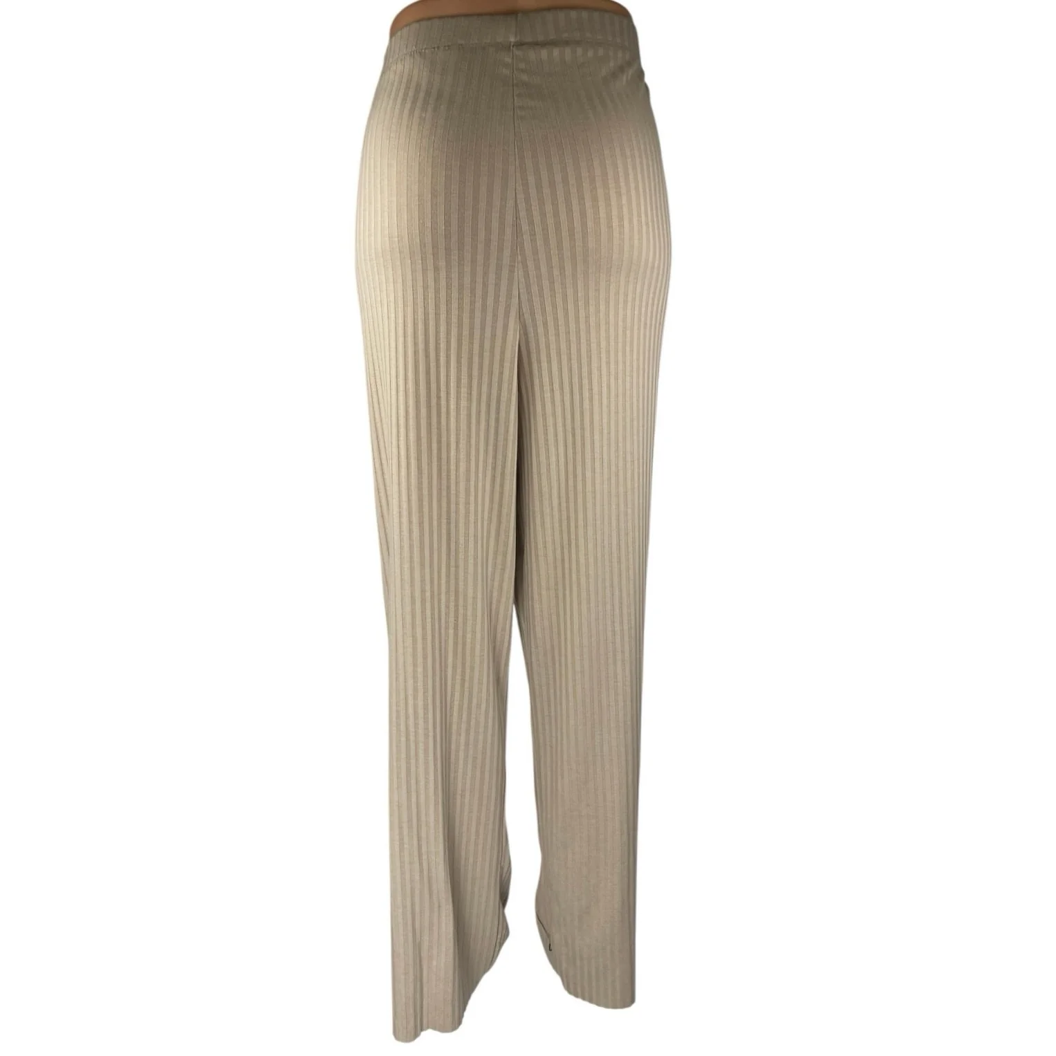 H&M Beige Tan Khaki High Waisted Ribbed Knit Pull On Straight Trousers Pants XL - Image 3