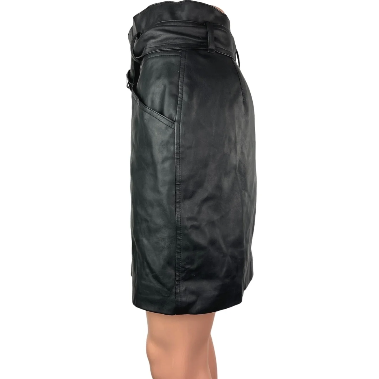 H&M Black Vegan Faux Leather Belted Pockets Paperbag Mini Pencil Skirt Size 4 - Image 2