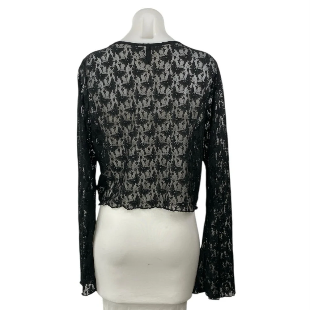 H&M Divided Women's Black Butterfy Lace V-neck Long Sleeve Sheer Crop Top Sz XL - Image 3