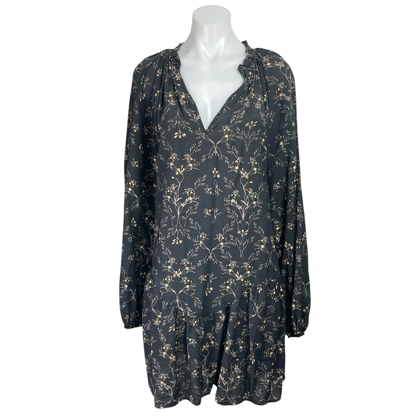 H&M Women Black Floral Ruffle V Neck Pleated Long Sleeve Mini Swing Dress Size L