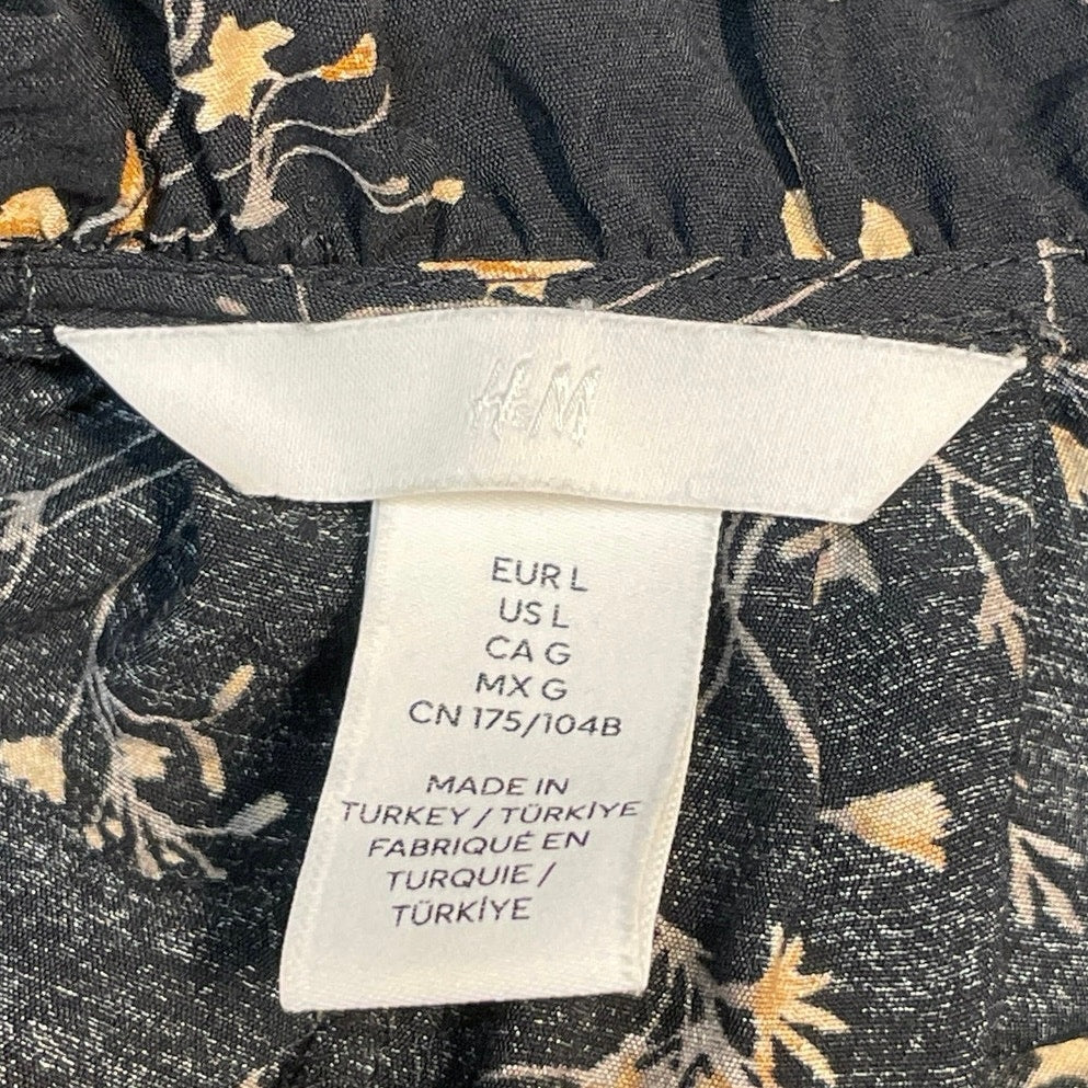 H&M Women Black Floral Ruffle V Neck Pleated Long Sleeve Mini Swing Dress Size L - Image 4