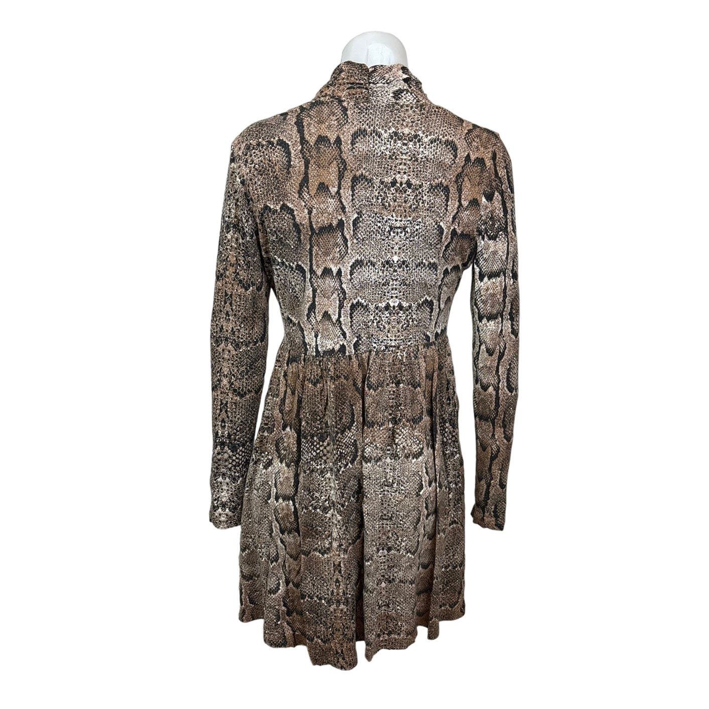 H&M Women’s Brown Snake Print Faux Wrap Knee Length Long Sleeve Dress Size M - Image 3