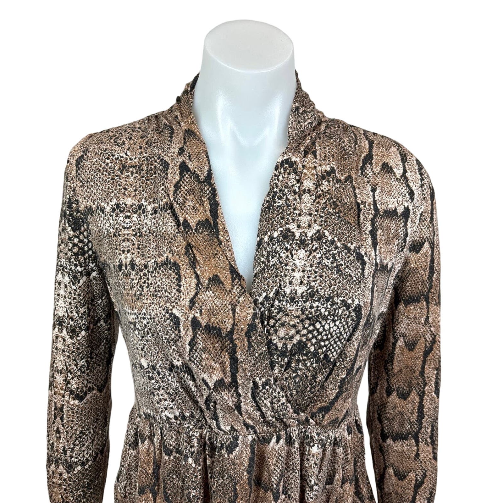 H&M Women’s Brown Snake Print Faux Wrap Knee Length Long Sleeve Dress Size M - Image 4