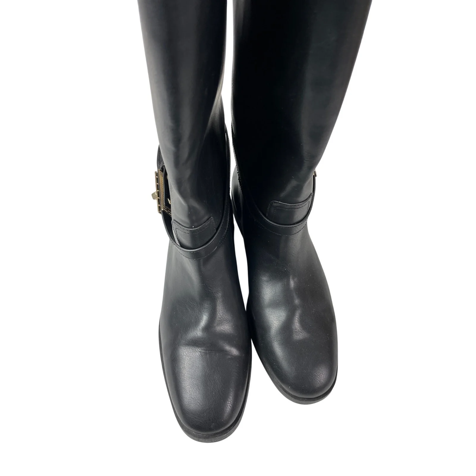H&M Women's Black Strap Round Toe Low Block Heels Knee High Riding Boots 38 US 7 - Image 4