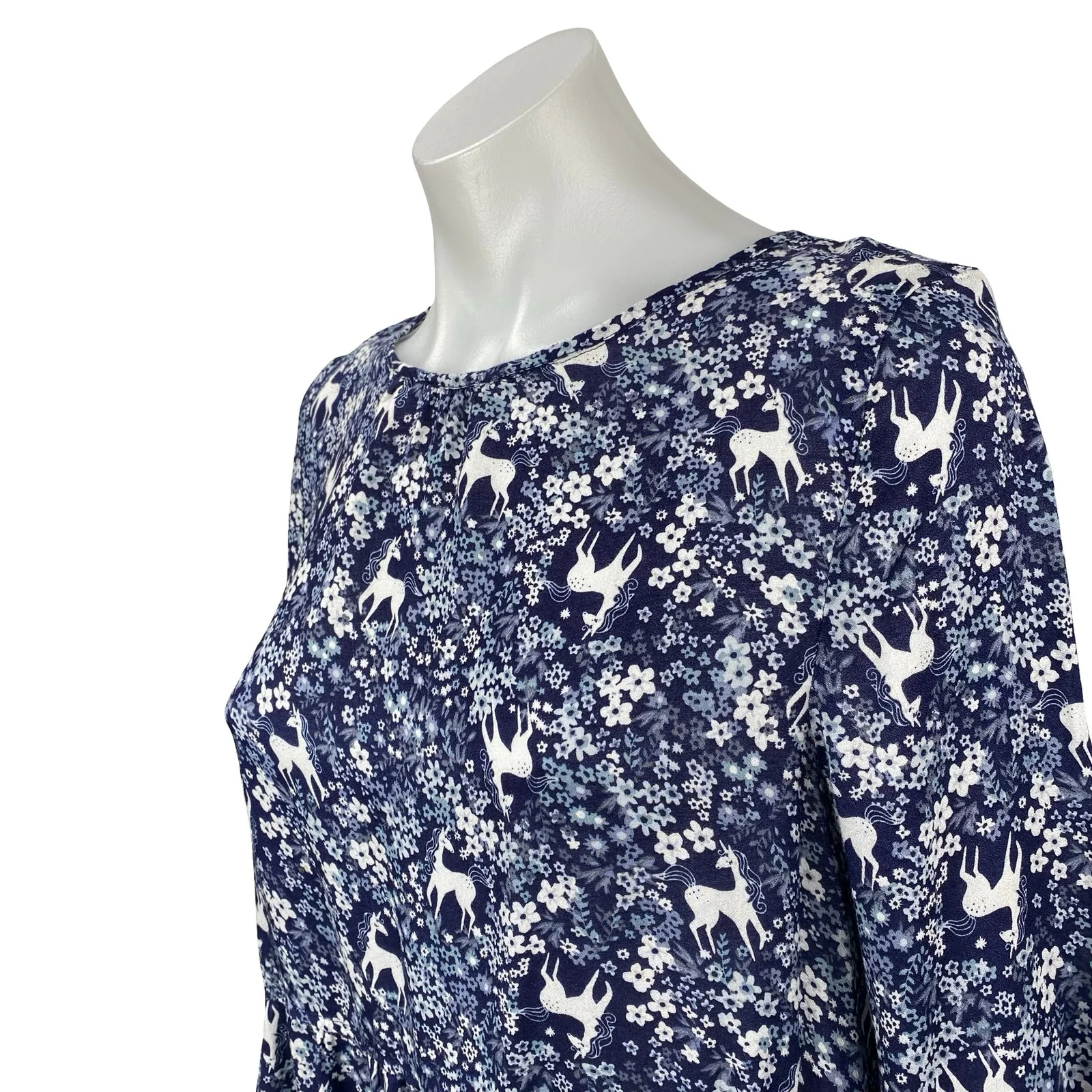 H&M Women's Blue Unicorn Floral Print Long Sleeve Mini Flare A-Line Dress Sz 14 - Image 3