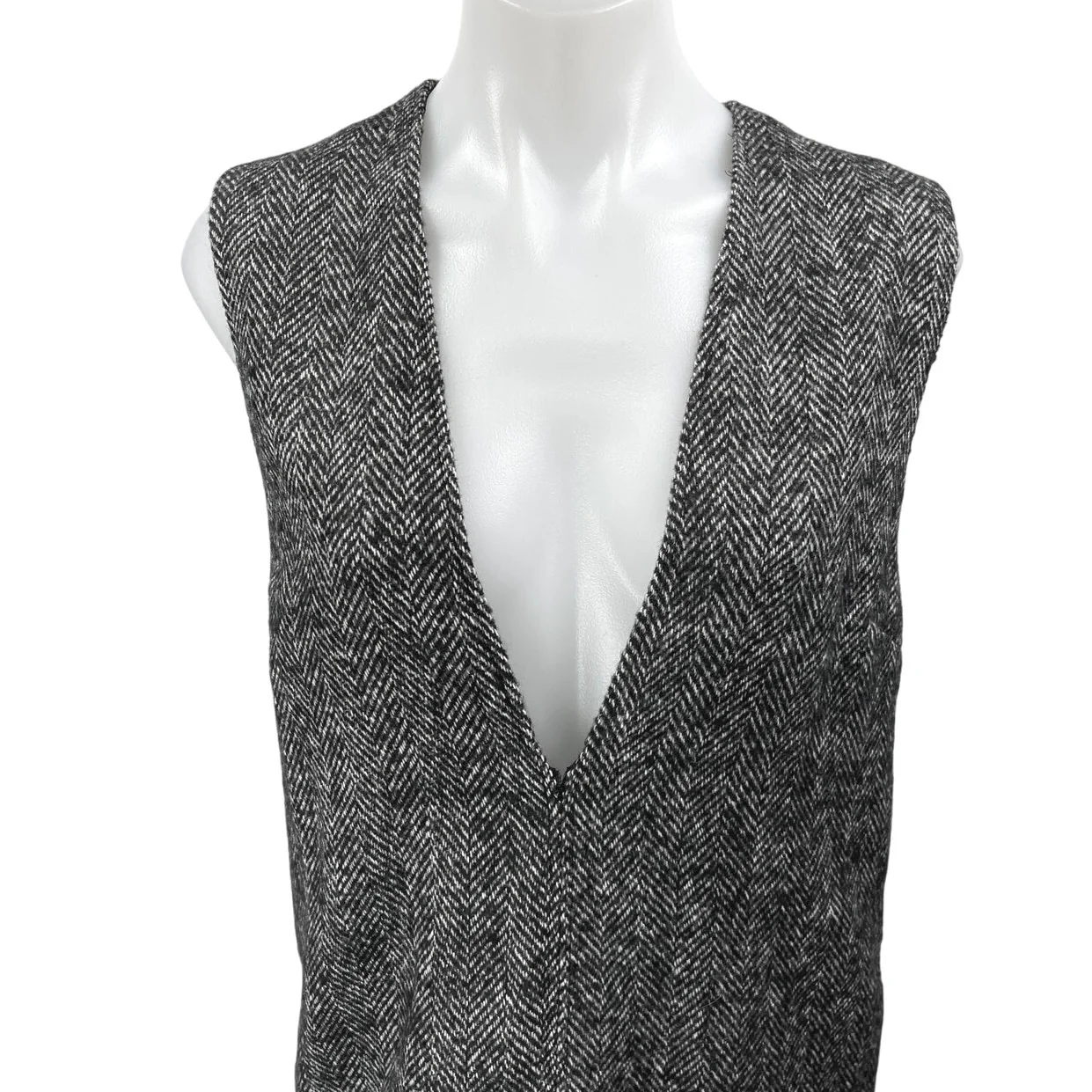 H&M Women's Gray Wool Sleeveless Herringbone Deep V-Neck Mini Vest Tank Dress S - Image 3