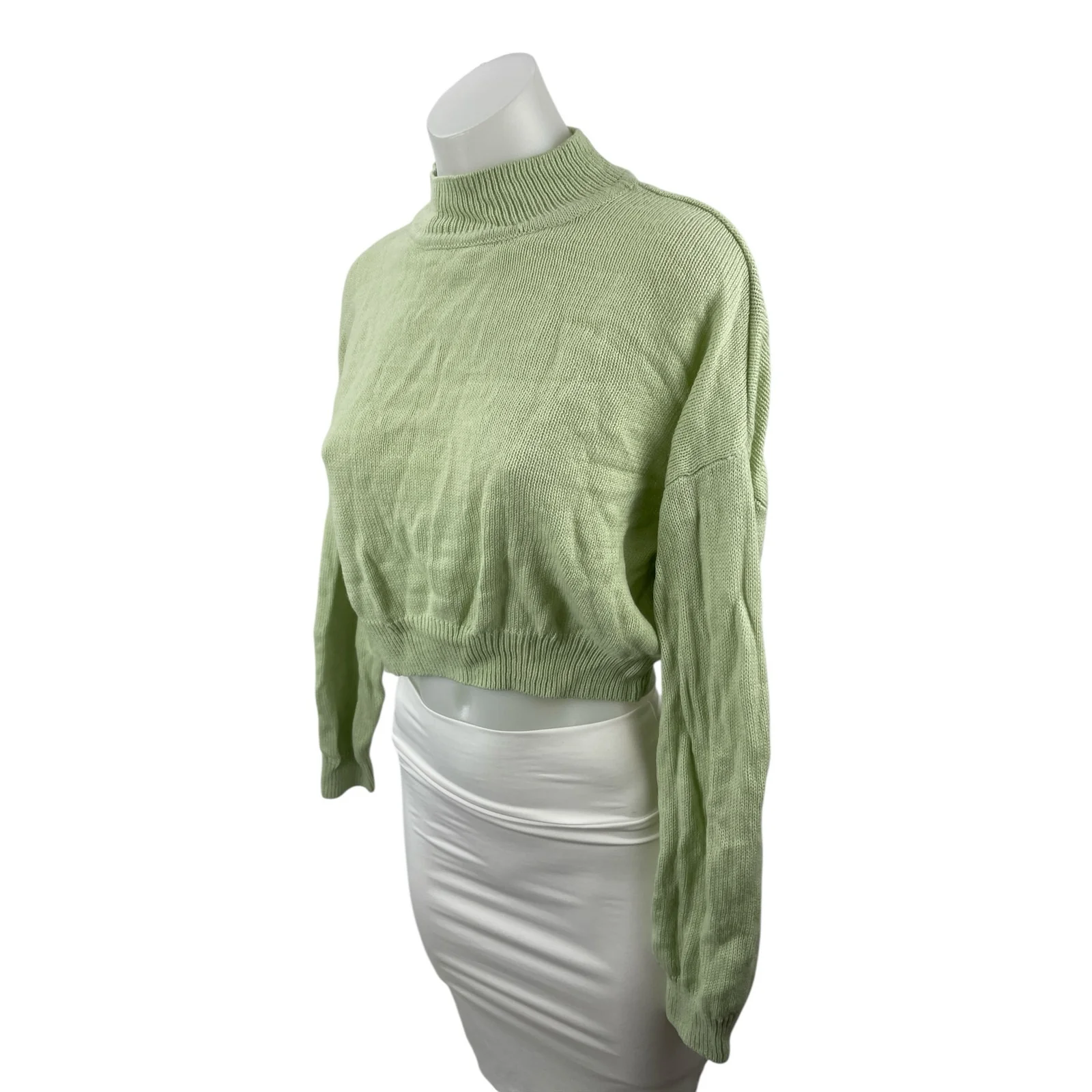 H&M Women's Green Ribbed Knit Long Sleeve Mock Neck Cropped Sweater Top Size S - Image 3