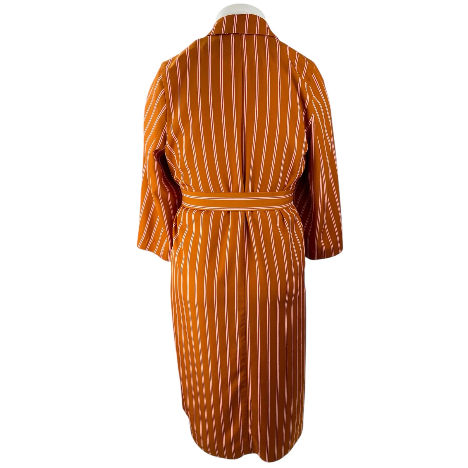 H&M Women's Orange Striped Collared 3/4 Sleeve Midi Kimono Wrap Coat Dress Sz 2 - Image 2