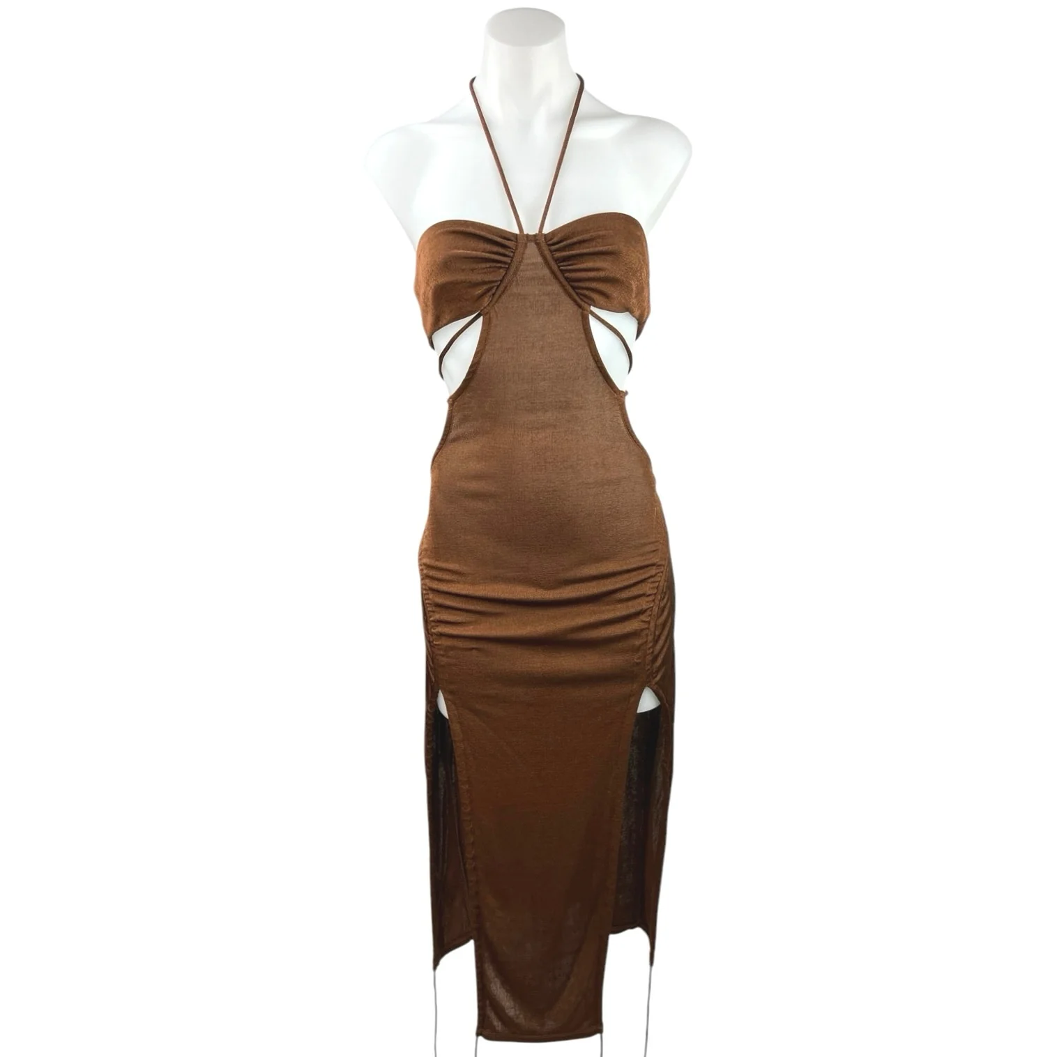 H:ours Brown Halter Cutouts Side Slit Ruched Sexy Midi Summer Dress Size S