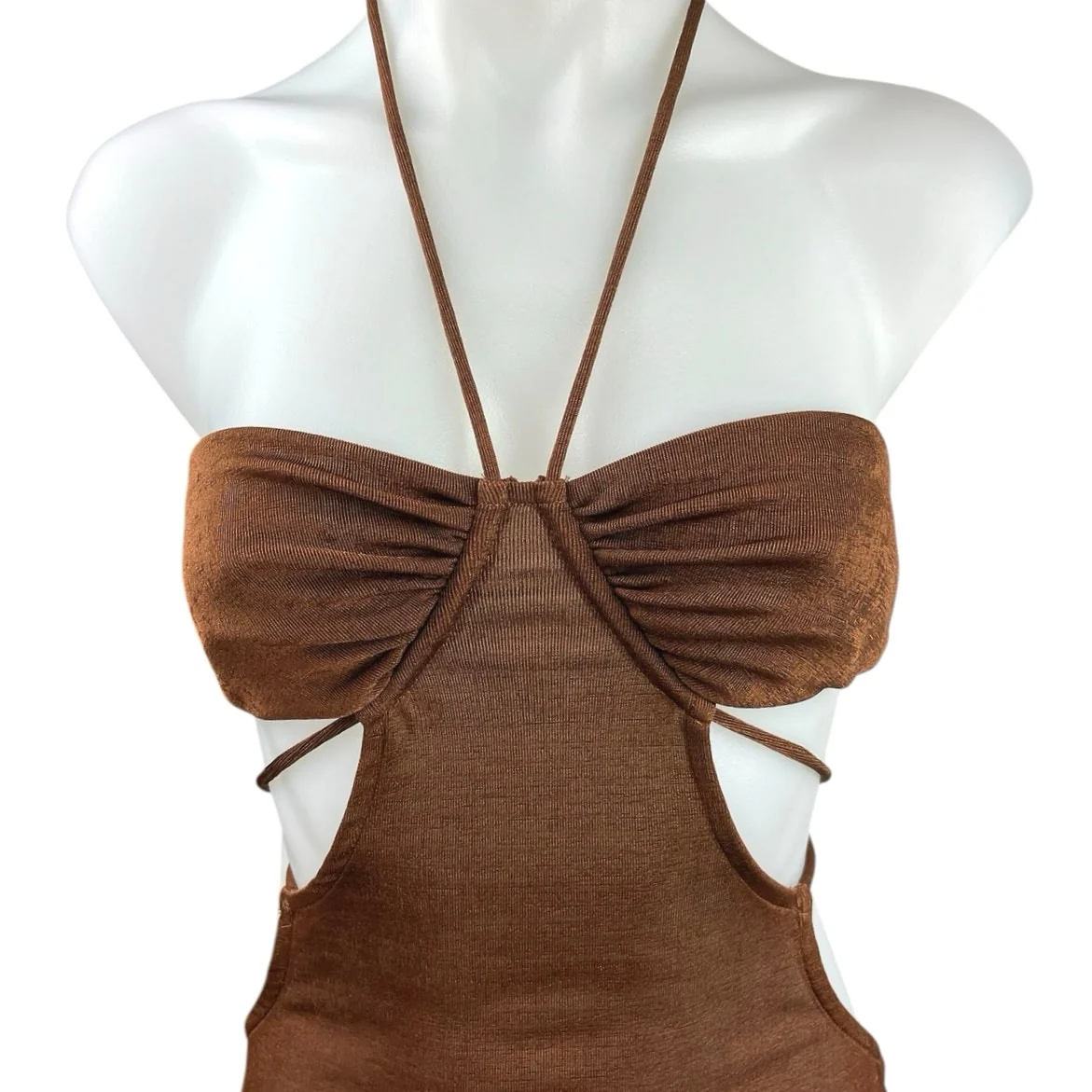 H:ours Brown Halter Cutouts Side Slit Ruched Sexy Midi Summer Dress Size S - Image 3