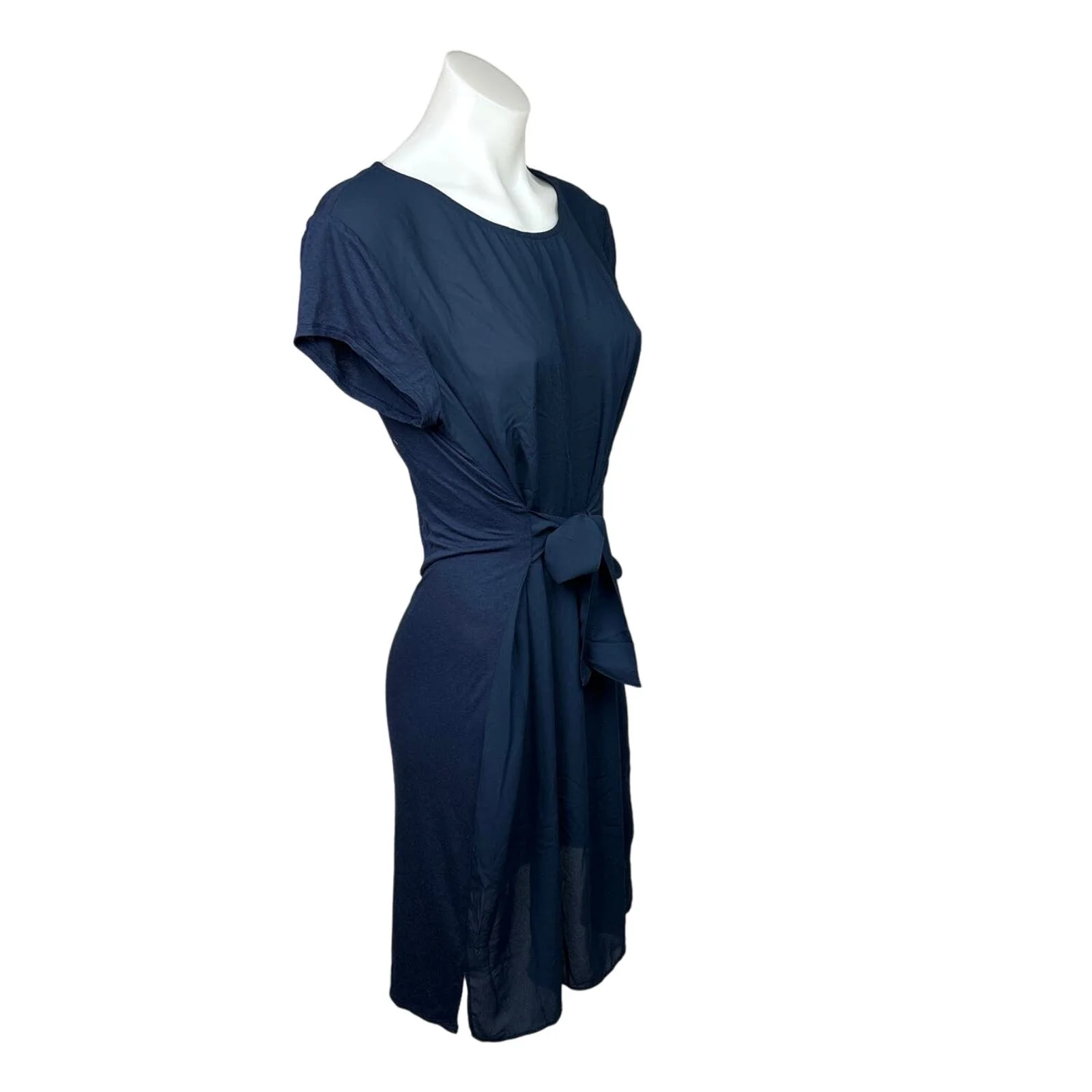 Halston Navy Blue Belted Tie Waist Cap Sleeve Stretch Midi Sheath Dress Size M - Image 2