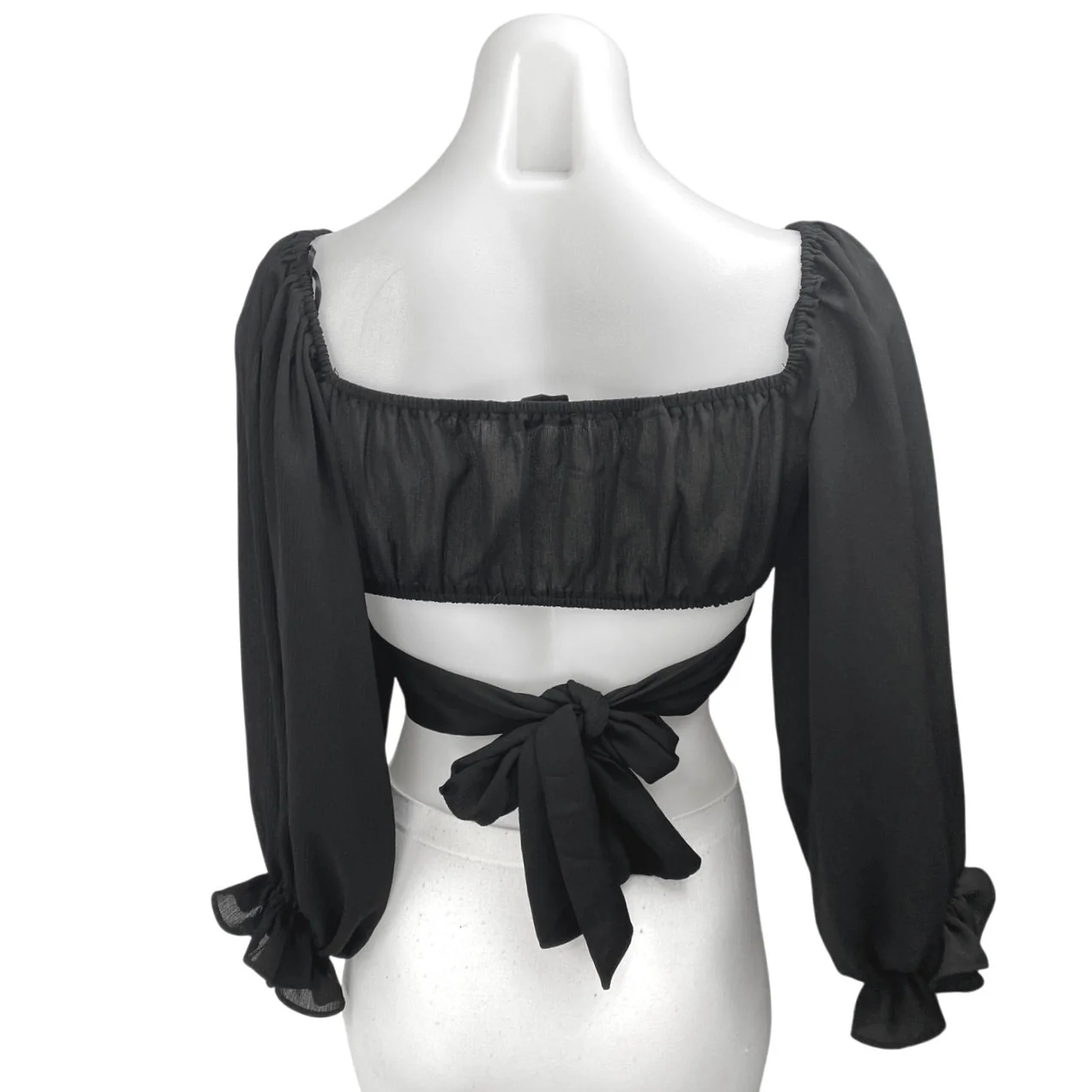 Hello Molly Women's Black 3/4 Puff Sleeve Wrap Tie Back Crop Blouse Top Size XS - Image 2