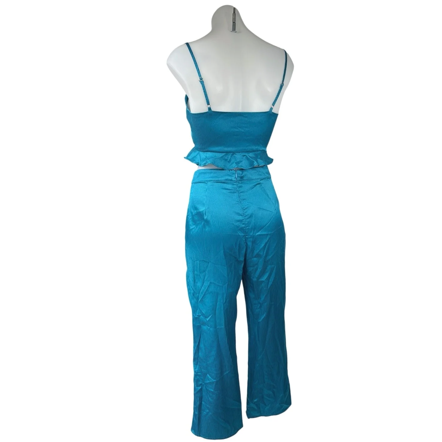 Honey Punch Blue Silky Satin Sleeveless Crop Top & Capri Pants 2 Piece Set XS - Image 3