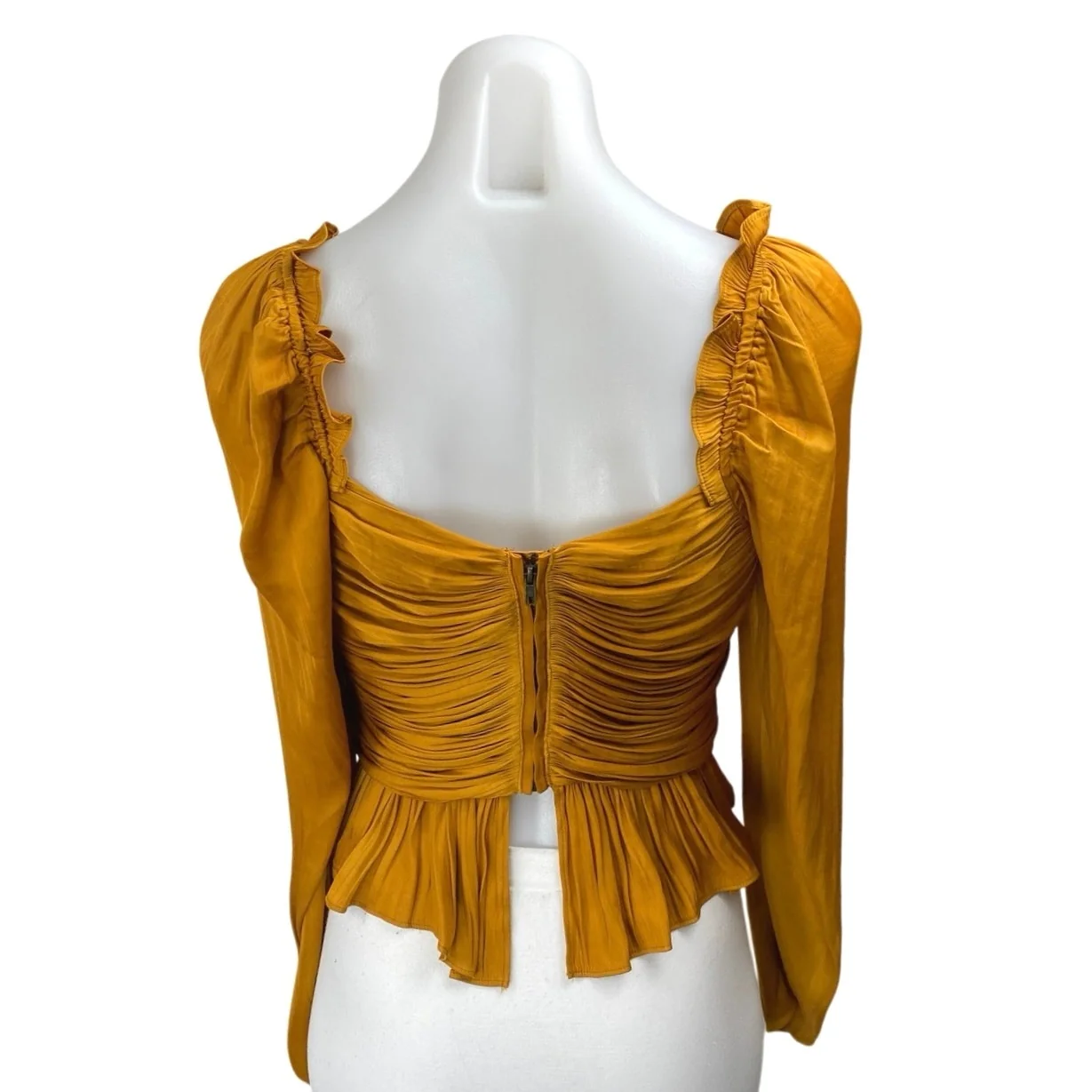 House Of Harlow 1960 Gold Satin Ruched Long Sleeve Peplum Crop Blouse Top Sz XS - Image 2