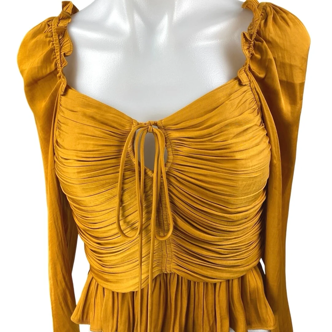 House Of Harlow 1960 Gold Satin Ruched Long Sleeve Peplum Crop Blouse Top Sz XS - Image 3