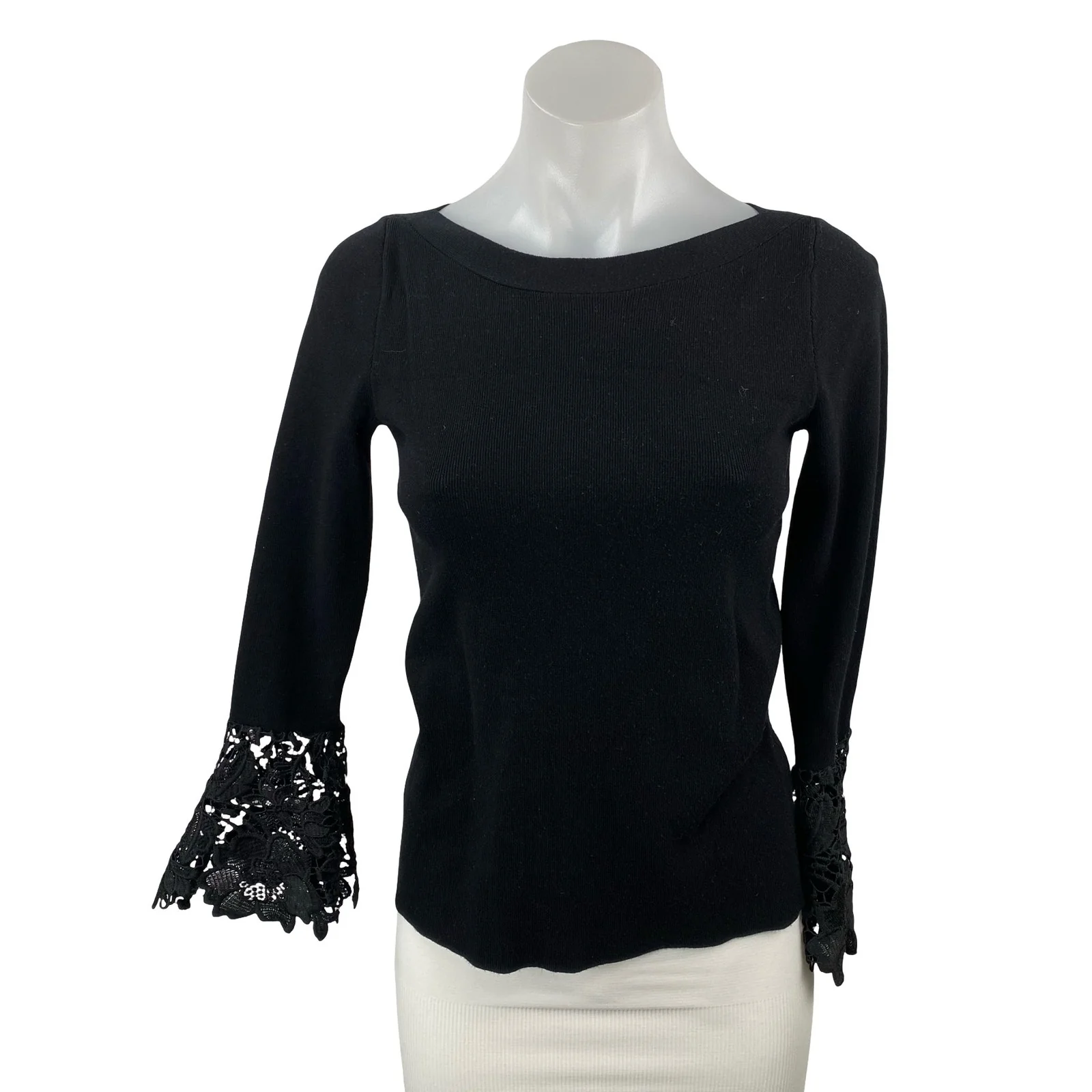 INC International Concepts Black Long Bell Sleeve Floral Lace Blouse Top Size XS