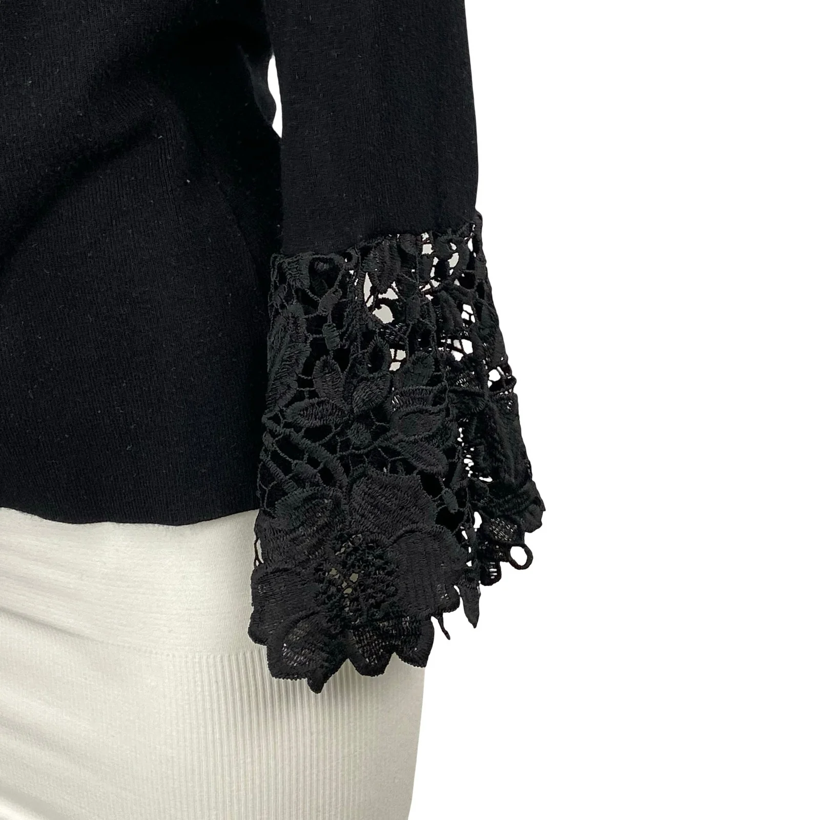 INC International Concepts Black Long Bell Sleeve Floral Lace Blouse Top Size XS - Image 3