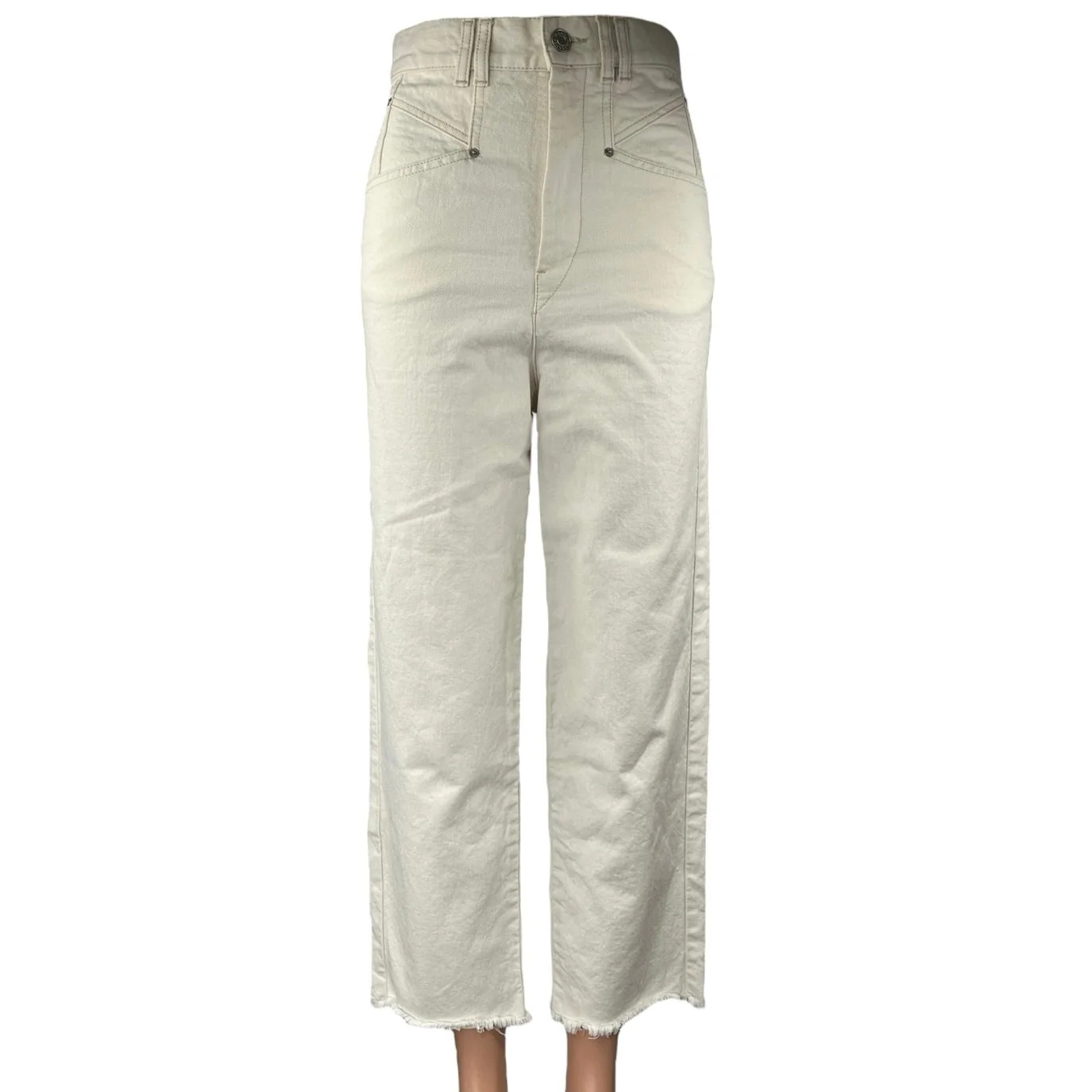 Isabel Marant Women's Cream Raw Hem High Rise Wide Leg Cropped Denim Jeans Sz 34