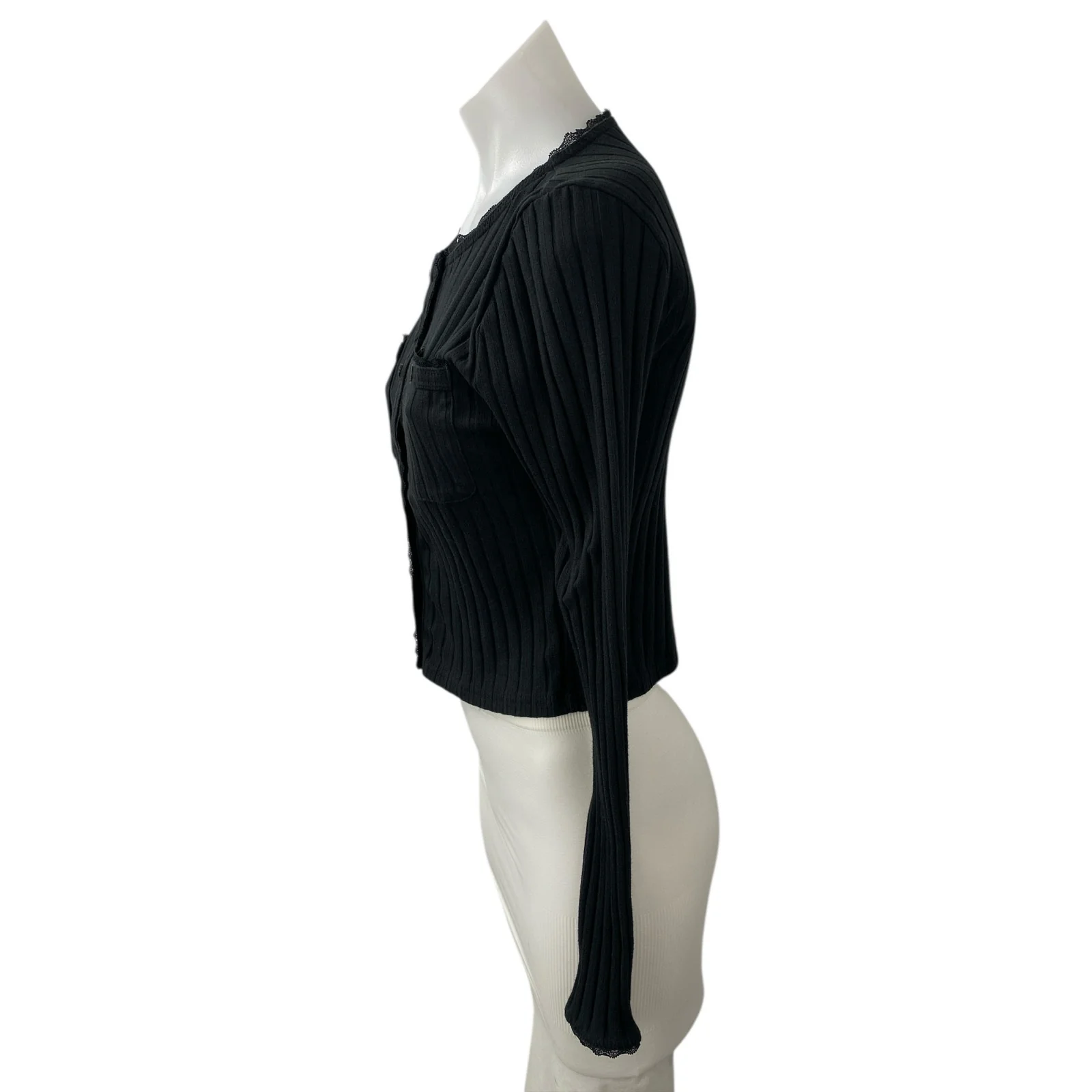 J.Crew Pointelle Black Ribbed Lace Trim Button Down Crop Cardigan Sweater Top S - Image 3
