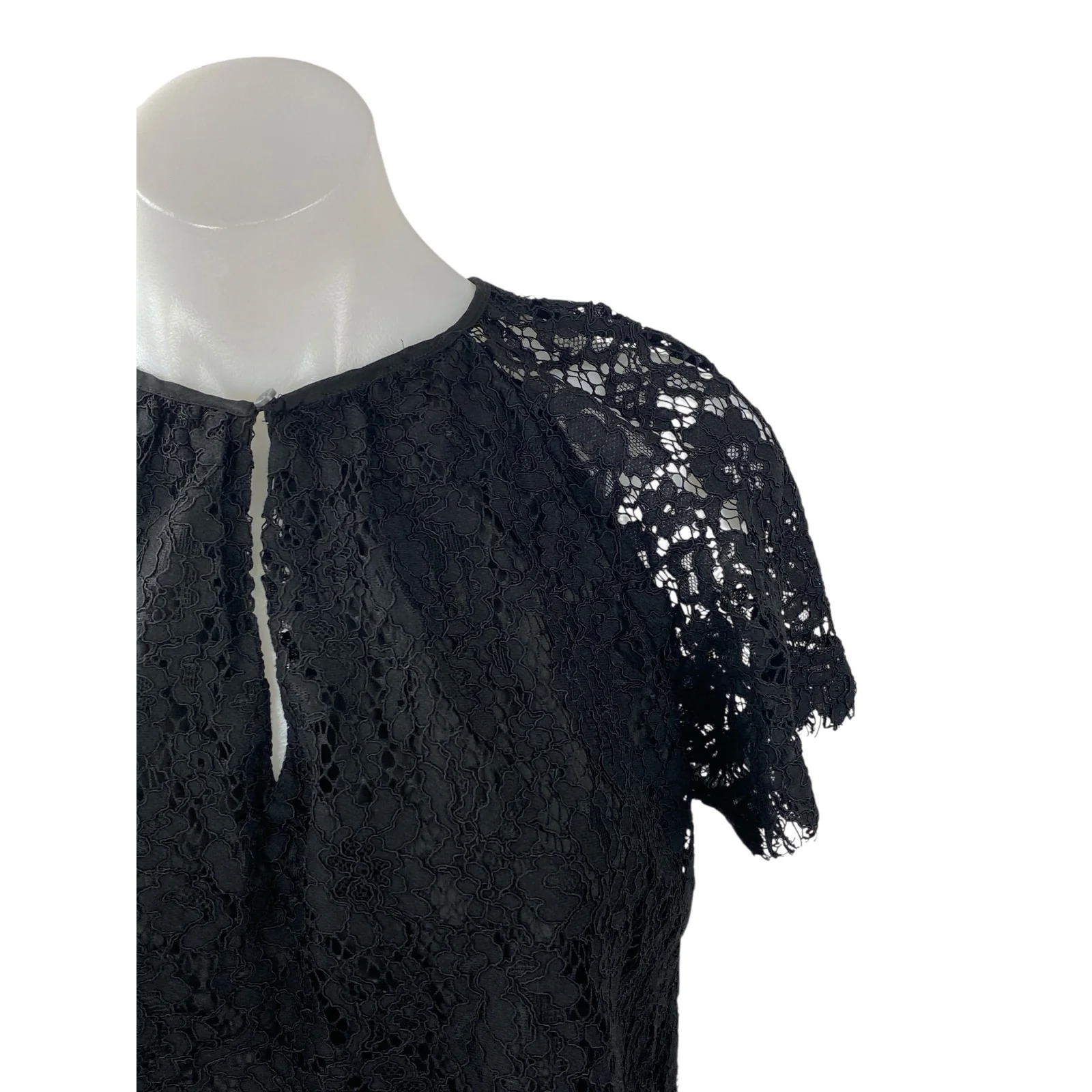 J.Crew Women's Black Floral Lace Keyhole Round Neck Short Sleeve Blouse Top Sz S - Image 2