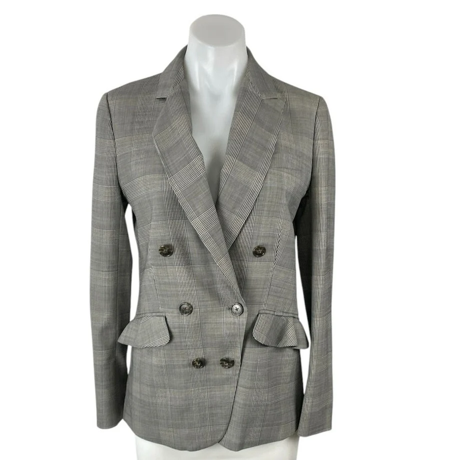 J.Crew Wool Gray Check Plaid Long Sleeve Double Breasted Blazer Coat Jacket Sz 2
