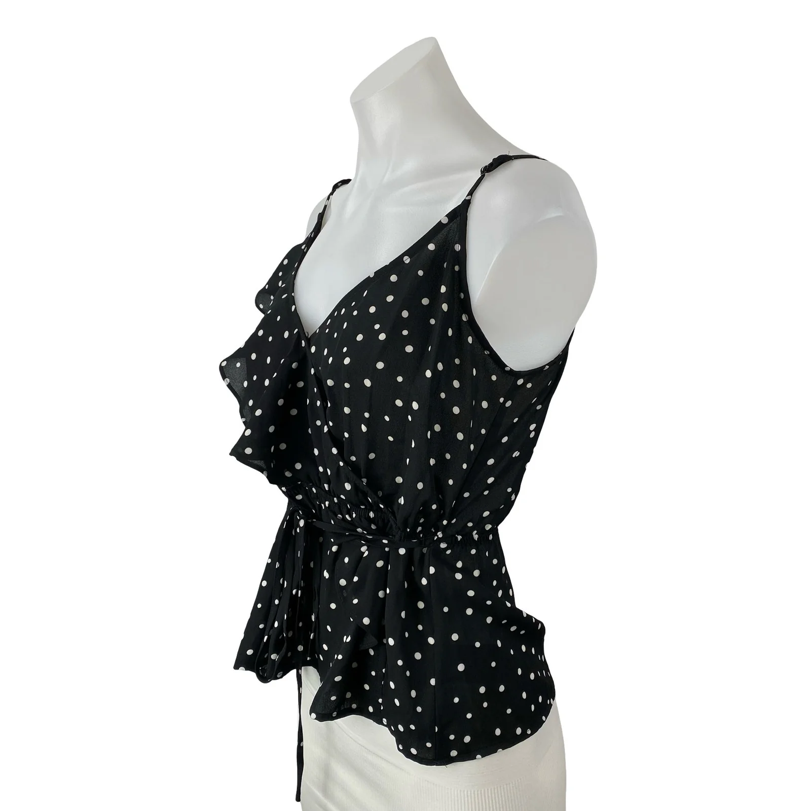 JACK by BB Dakota Black Polka Dots Sleeveless Ruffle Wrap Peplum Blouse Top S - Image 3