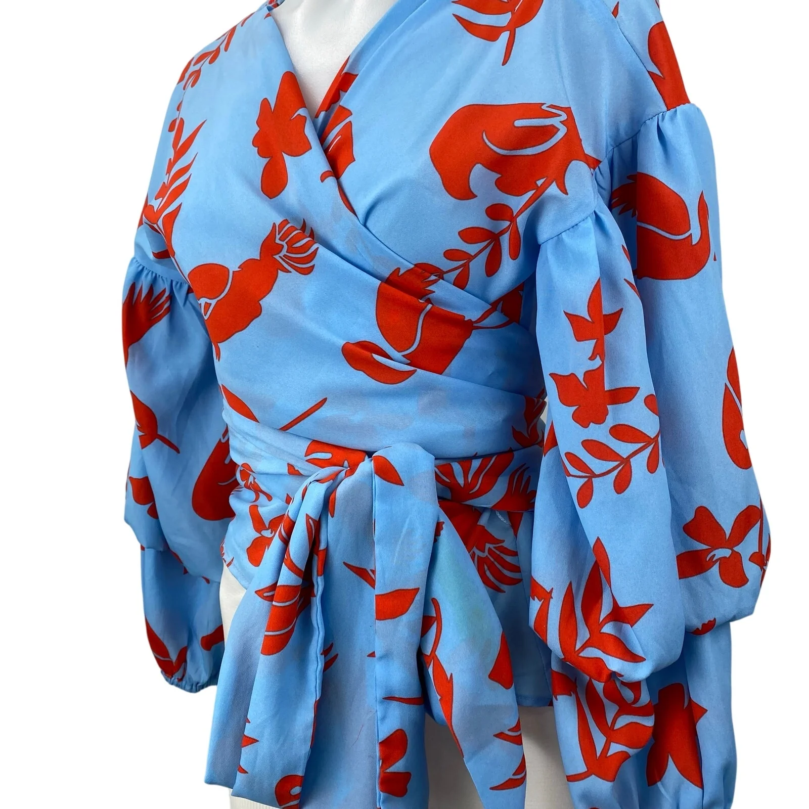 Jealous Tomato Blue Red Floral Long Balloon Sleeve Peplum Wrap Blouse Top Size M - Image 3