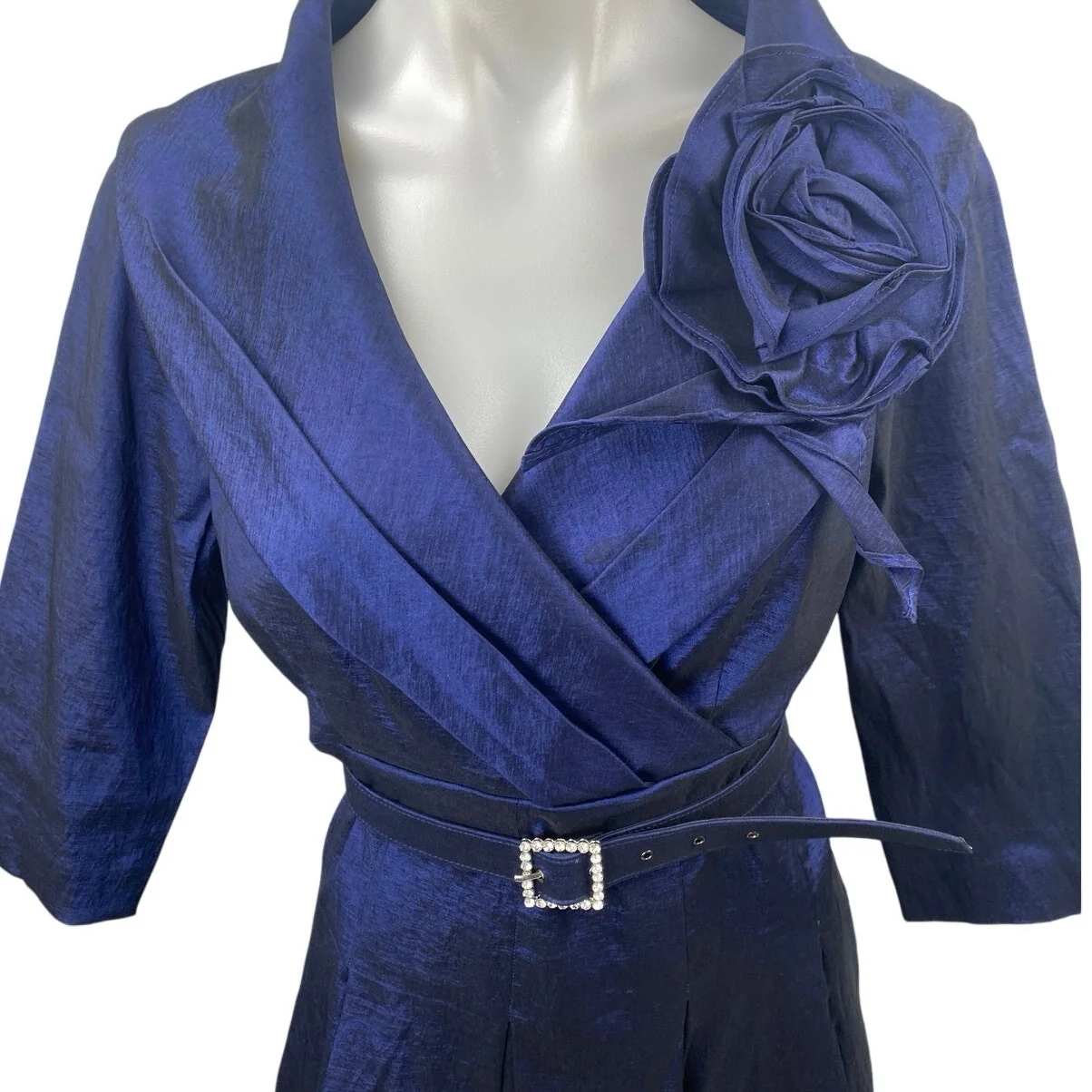 Jessica Howard Blue Taffeta Flower Pleated 3/4 Sleeve Belt Midi A-Line Dress 12P - Image 3