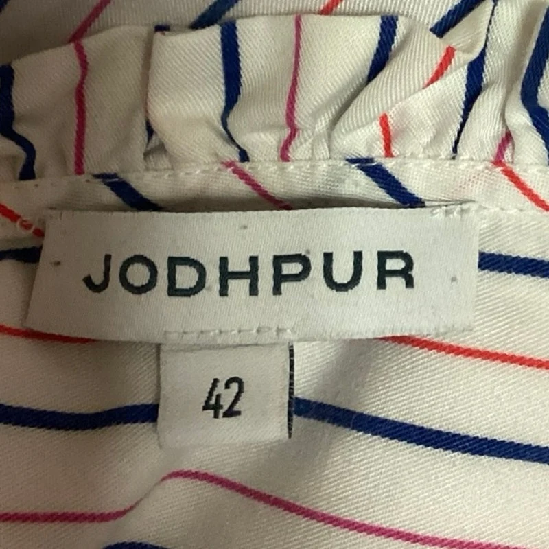 Jodhpur White Red Blue Pinstriped V Neck Ruffle Long Sleeve Shirt Top Size 42 - Image 4