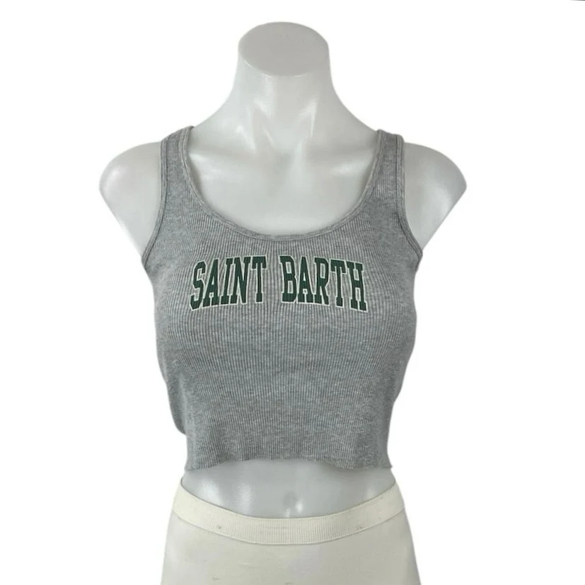 John Galt Saint Barth Women's Gray Ribbed Graphic Sleeveless Crop Tank Top Sz S