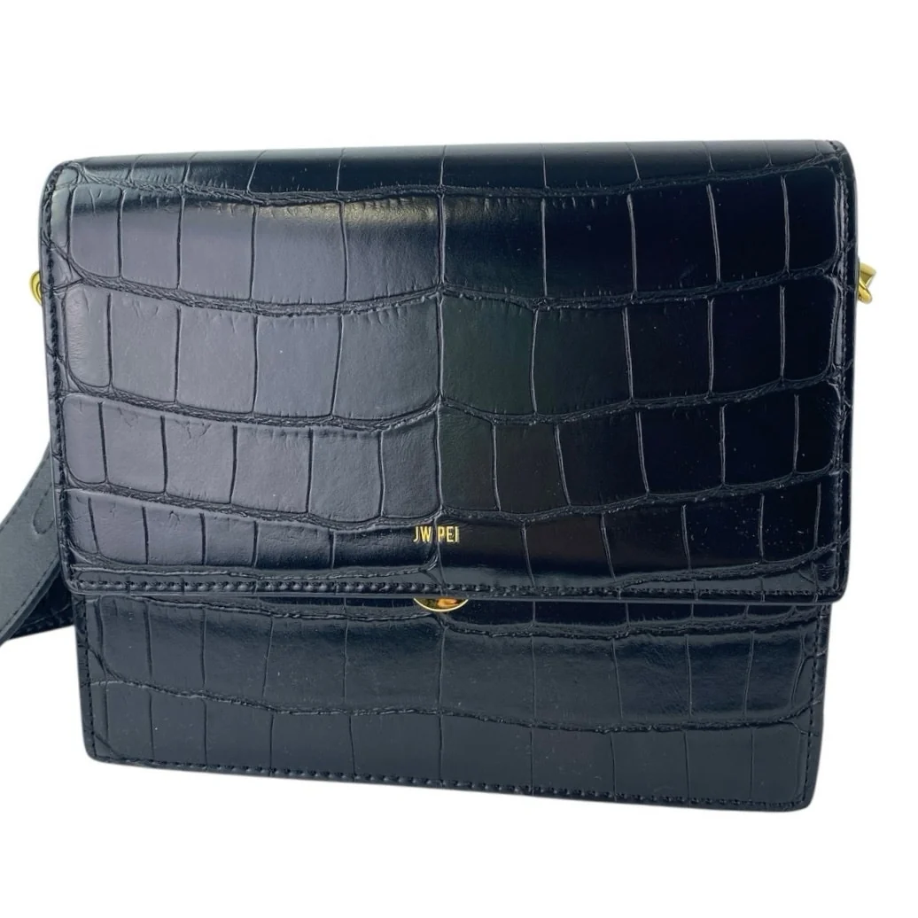 JW Pei Women's Black Faux Leather Vegan Croc Mini Flap Crossbody Handbag OS - Image 3